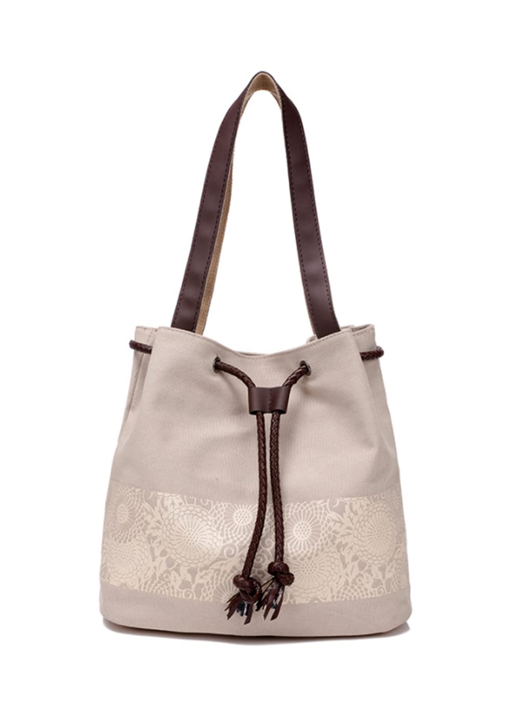 YAQUNICER Vintage Print Women's Canvas Shoulder Bag - Fashionable Drawstring Handbag Purse for Casual Outings, Travel & Everyday Use
