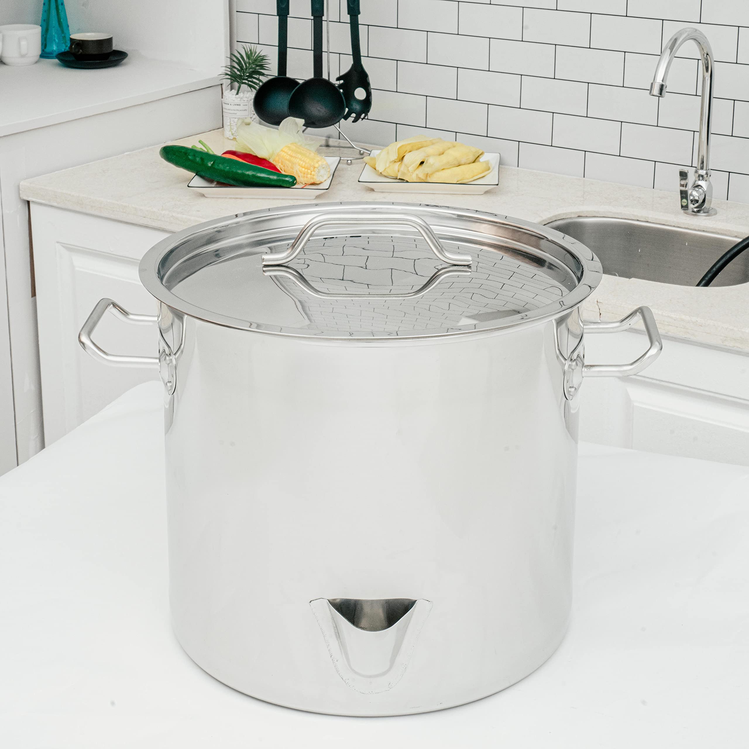 32QT Stainless Steel Tamale Steamer Pot with Easy-Fill Water Spout - Seafood Crab Steamer with Divider & Steamer Rack - 8 Gallon Capacity for Tamales, Seafood Boils, Vegetables & Large Batch Cooking