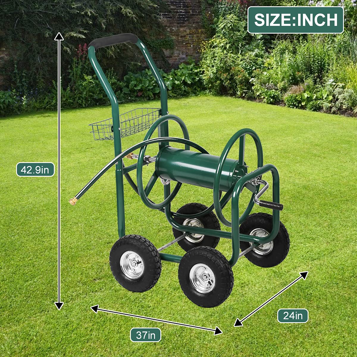Heavy Duty Portable Hose Reel Cart with 4 Wheels - 300ft Capacity for 5/8-Inch Garden Hose | Outdoor Yard, Lawn & Garden Watering Solution with Storage Basket | Perfect for Residential Landscaping, Farm Irrigation & Commercial Use