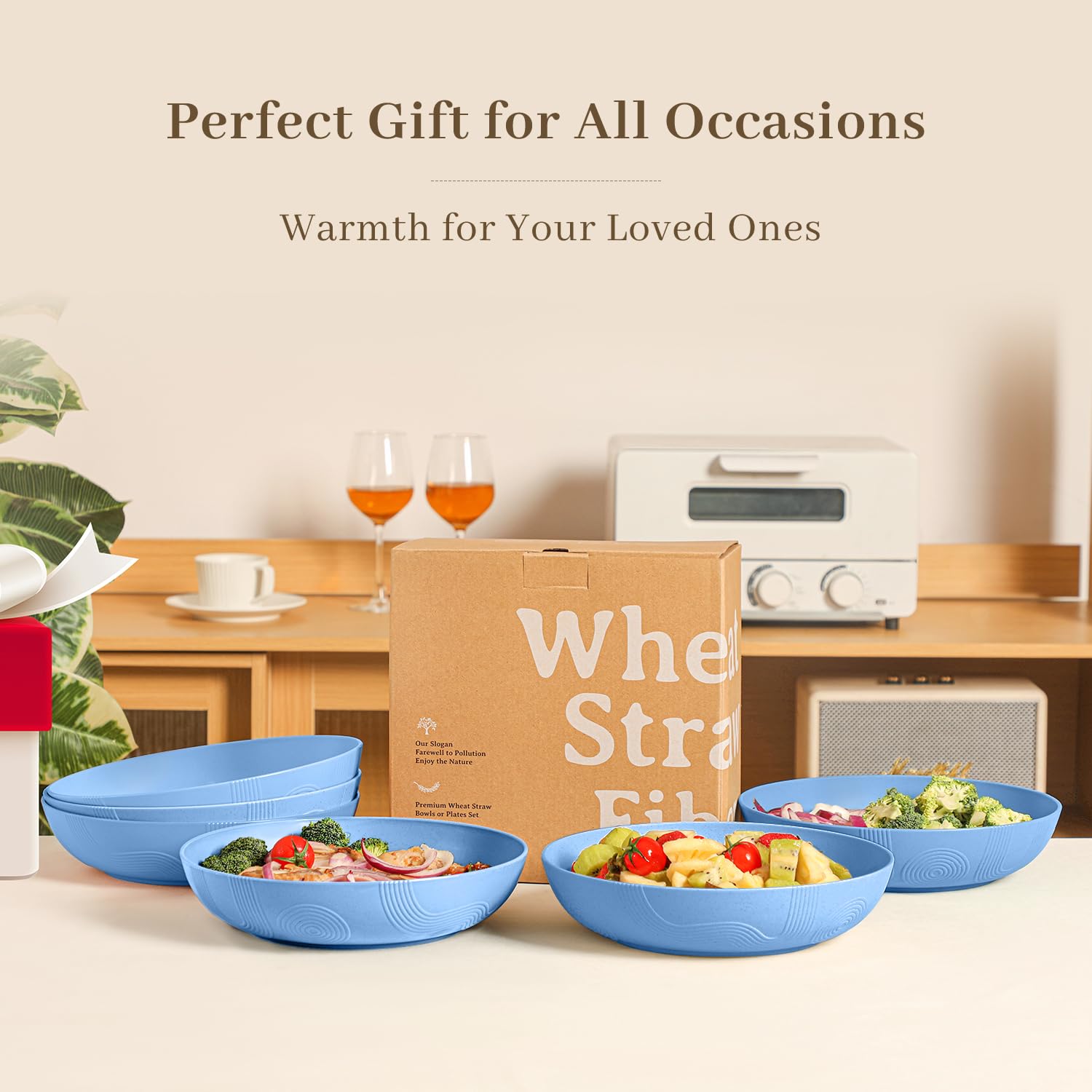 Eco-Friendly Wheat Straw Salad Bowls Set of 6 - 10 Inch Large Serving Bowls (65 oz) | Microwave & Dishwasher Safe Wide Shallow Bowls for Kitchen, Parties & Picnics - Sky Blue