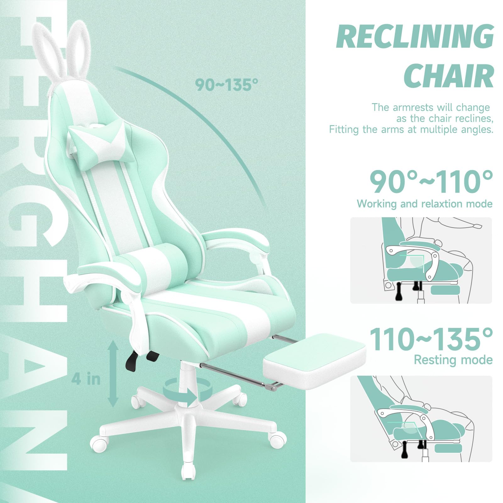 Kawaii Light Green Gaming Chair with Bunny Ears - Ergonomic Cute Gamer Chair with Footrest & Massage - Racing Reclining Leather Computer Game Chair for Girls, Adults, Teens & Kids - Perfect for Gaming, Streaming, Office Work & Home Decor
