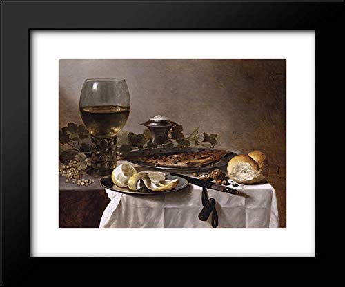 Pieter Claesz Still Life With Herring, Wine And Bread - 24x20 Framed Art Print - Dutch Golden Age Oil Painting Reproduction - Perfect for Dining Room, Kitchen Decor or Art Collector Gift