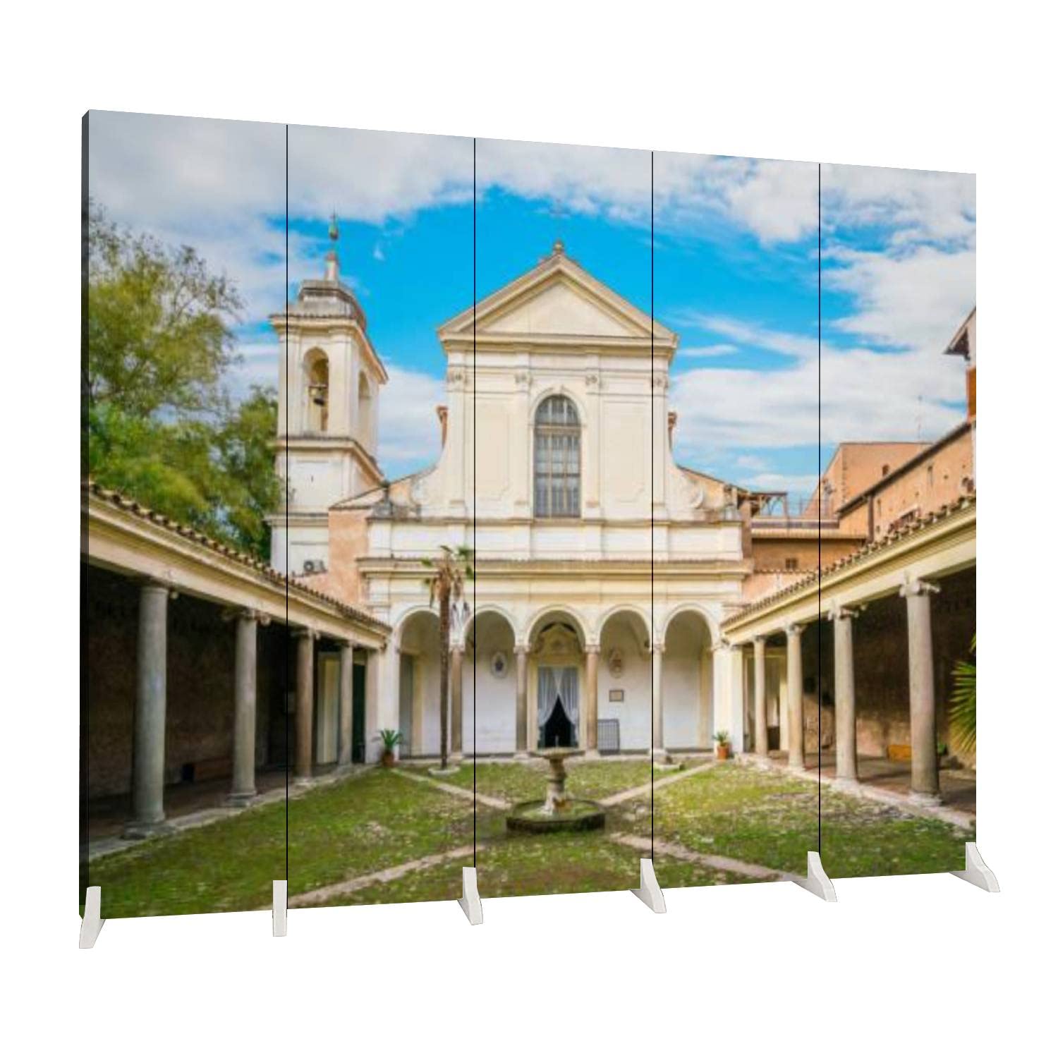 5-Panel Folding Room Divider - San Clemente Basilica Courtyard Inspired Canvas Privacy Screen | Freestanding Partition for Home, Office & Courtyard | Indoor/Outdoor Space Separator & Decorative Wall