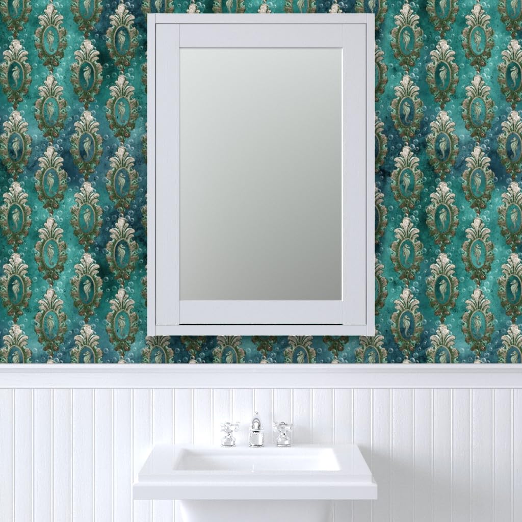 Removable Wallpaper Swatch - Seahorse Blue Teal Bubbles Tropical Ocean Design | Self-Adhesive Peel & Stick Wallpaper for Nursery, Bathroom, Bedroom Decor | Spoonflower Custom Wallpaper