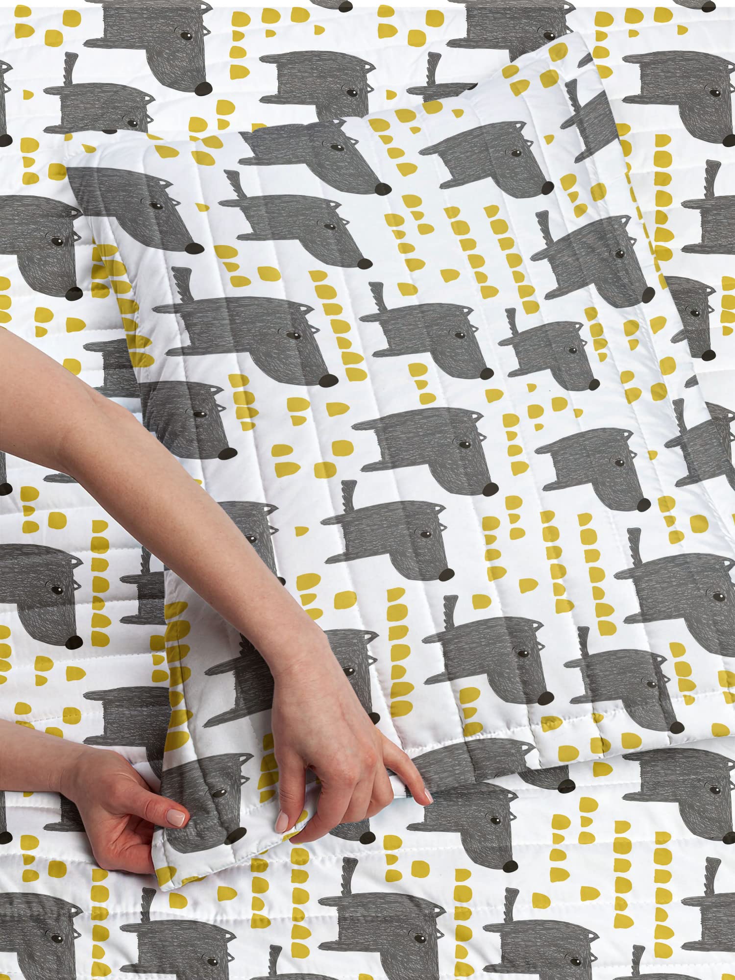 Ambesonne King Size Dog Themed Microfiber Bedspread Set - Abstract Yellow Dots & Grey Cartoon Pet Design with Matching Pillow Shams & Comforter - Soft Bedding for Dog Lovers' Bedroom Decor (Grey Marigold White)