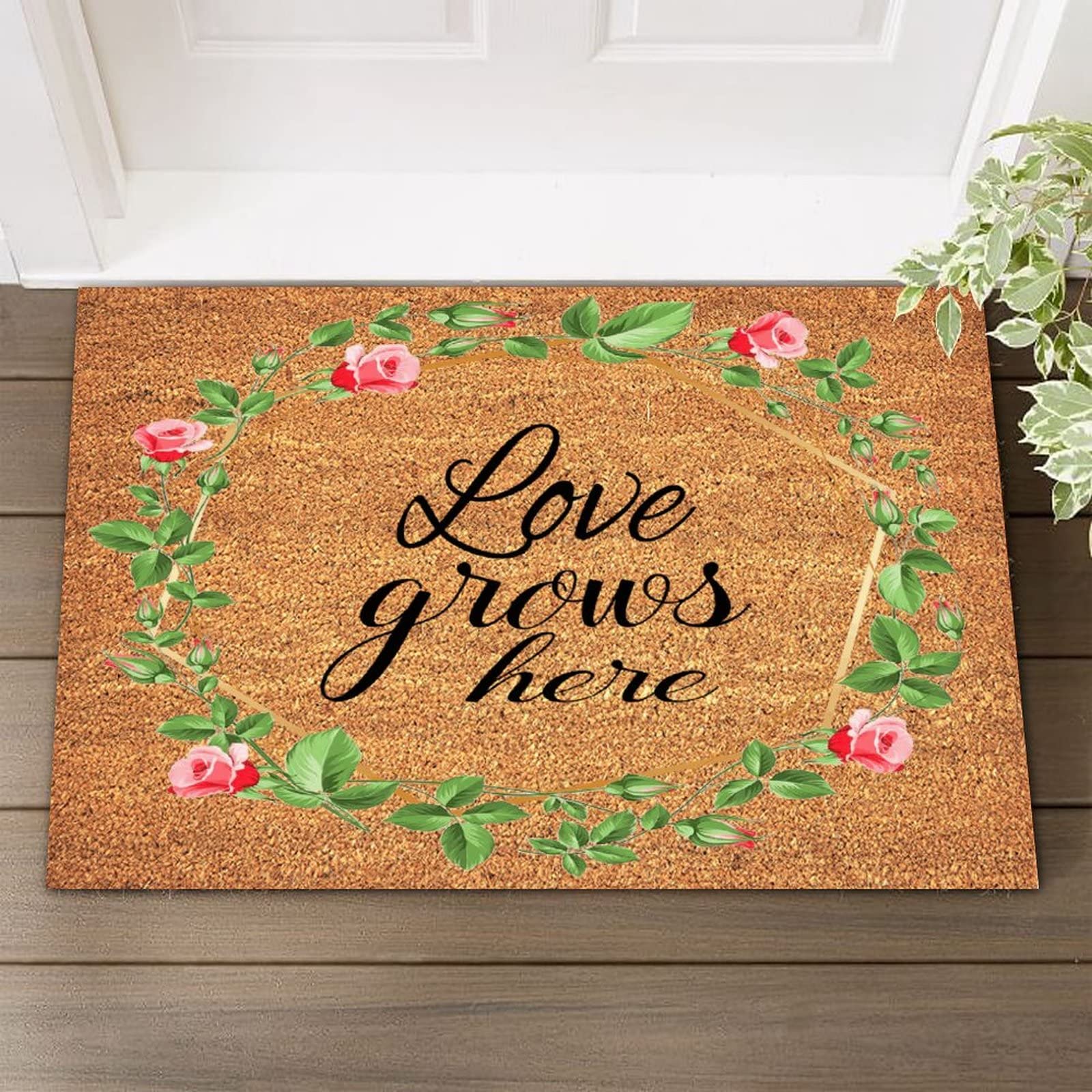 Durable Coir Doormat 24x36in - Weather Resistant Welcome Mat with Floral Wreath Design for Indoor & Outdoor Use - Perfect for Front Door, Patio, Deck, and Home Decor - 'Love Grow Here' Thick Natural Fiber Rug
