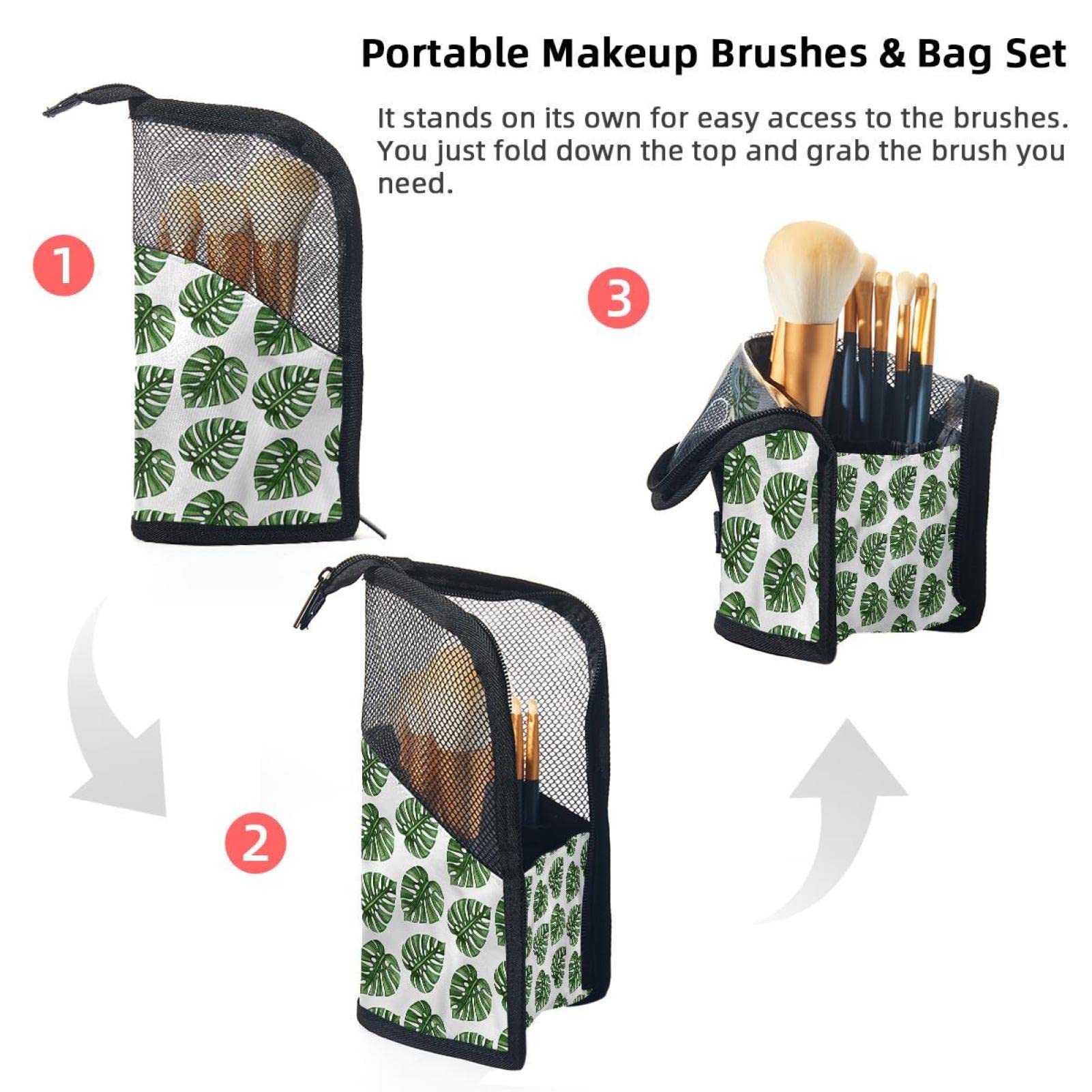 12-Piece Makeup Brush Organizer Bag with Green Tropical Leaves Design - Portable Travel Cosmetic Brush Holder Case for Summer Vacation, Beach Trips & On-The-Go Touch Ups