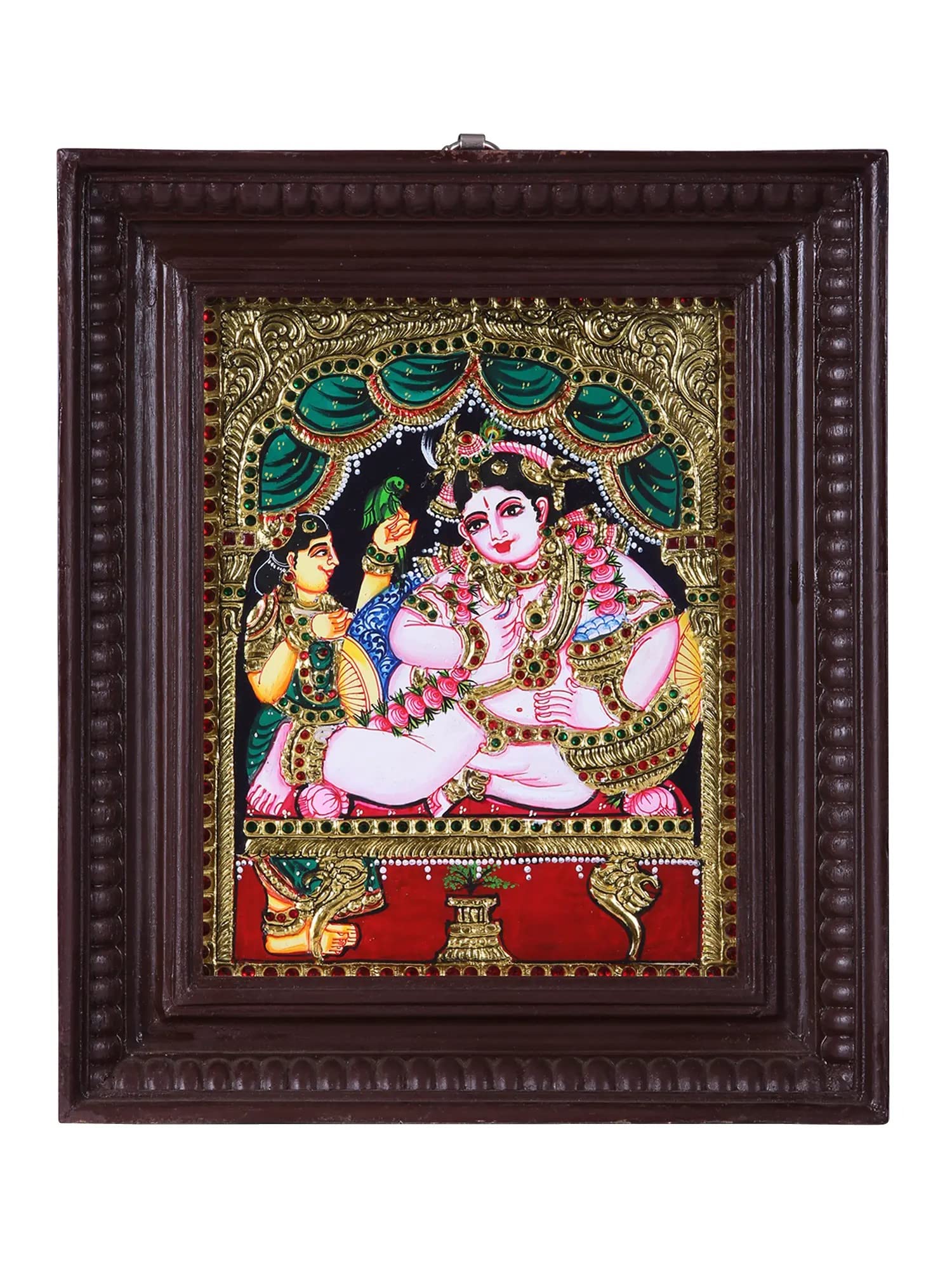 Exotic India Butter Krishna Tanjore Painting with 24K Gold & Teakwood Frame - Traditional Hindu Religious Art for Home Temple Decor & Spiritual Gifts