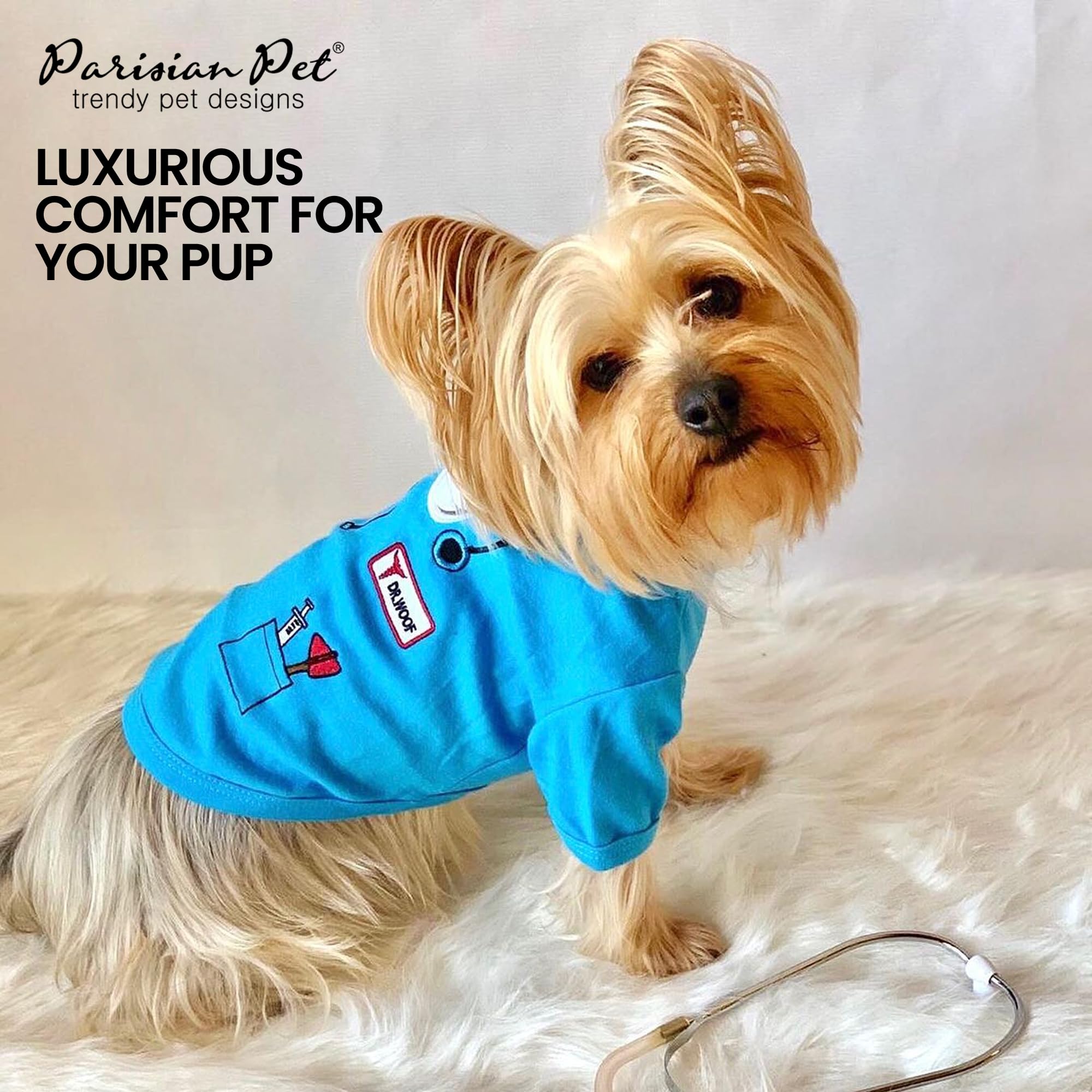 Parisian Pet Doctor Woof Dog Shirt - Embroidered Dog Pirate Costume - 100% Cotton & Polyester Doctor Outfit for Small Dogs - Blue Funny Sleeved Dog Clothes - Pet Costumes for Halloween, Dress Up Parties & Photo Shoots