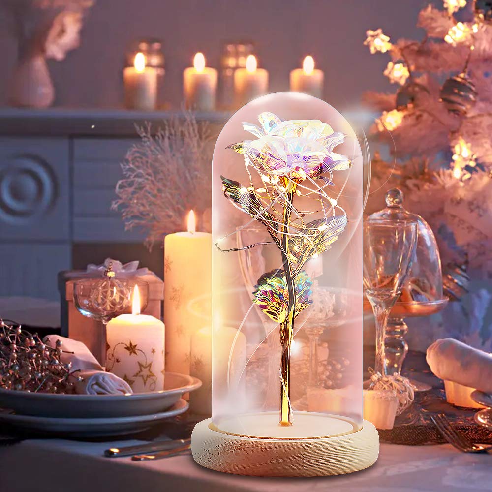 Galaxy Rose in Glass Dome with LED Lights - Eternal Rose Gift for Christmas, Mother's Day, Valentine's Anniversary (10.2x5.5x5.5 inch Gold) - Perfect Romantic Home Decor & Wedding Centerpiece