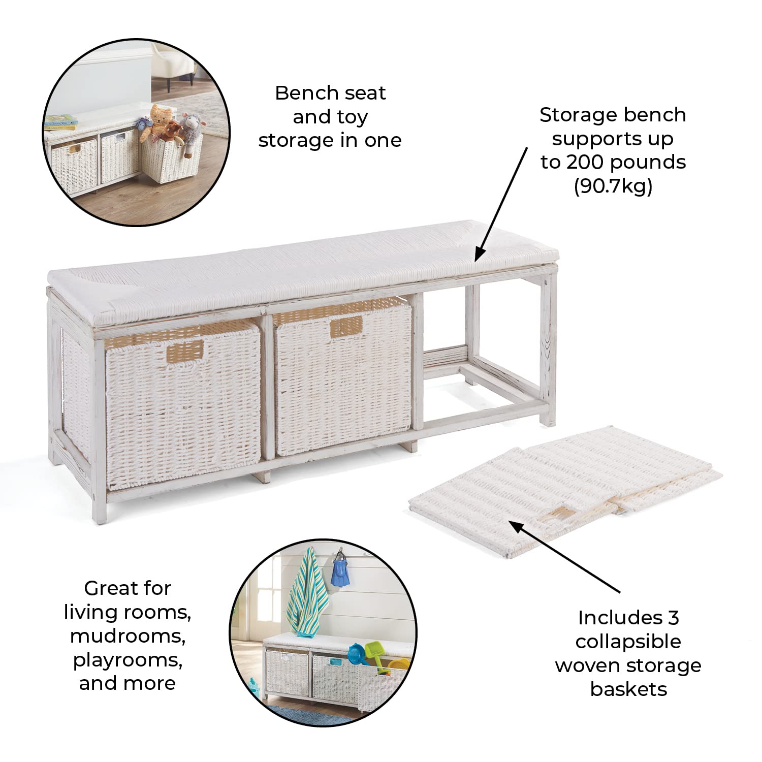 Badger Basket White Toy Storage Bench for Kids with Woven Top & 3 Collapsible Baskets - Perfect for Nursery, Playroom & Bedroom Organization