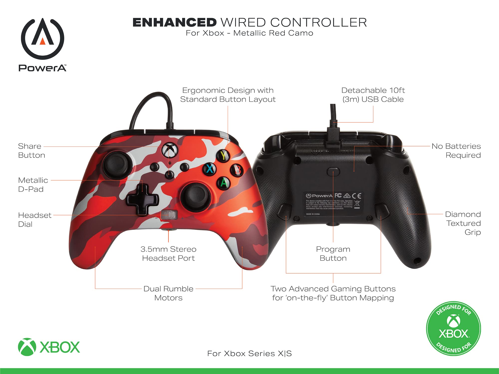 PowerA Enhanced Wired Controller for Xbox Series X|S - Metallic Red Camo | Xbox One & Series X/S Compatible Gamepad | Ergonomic Design for Long Gaming Sessions | Perfect for FPS, Racing & Action Games