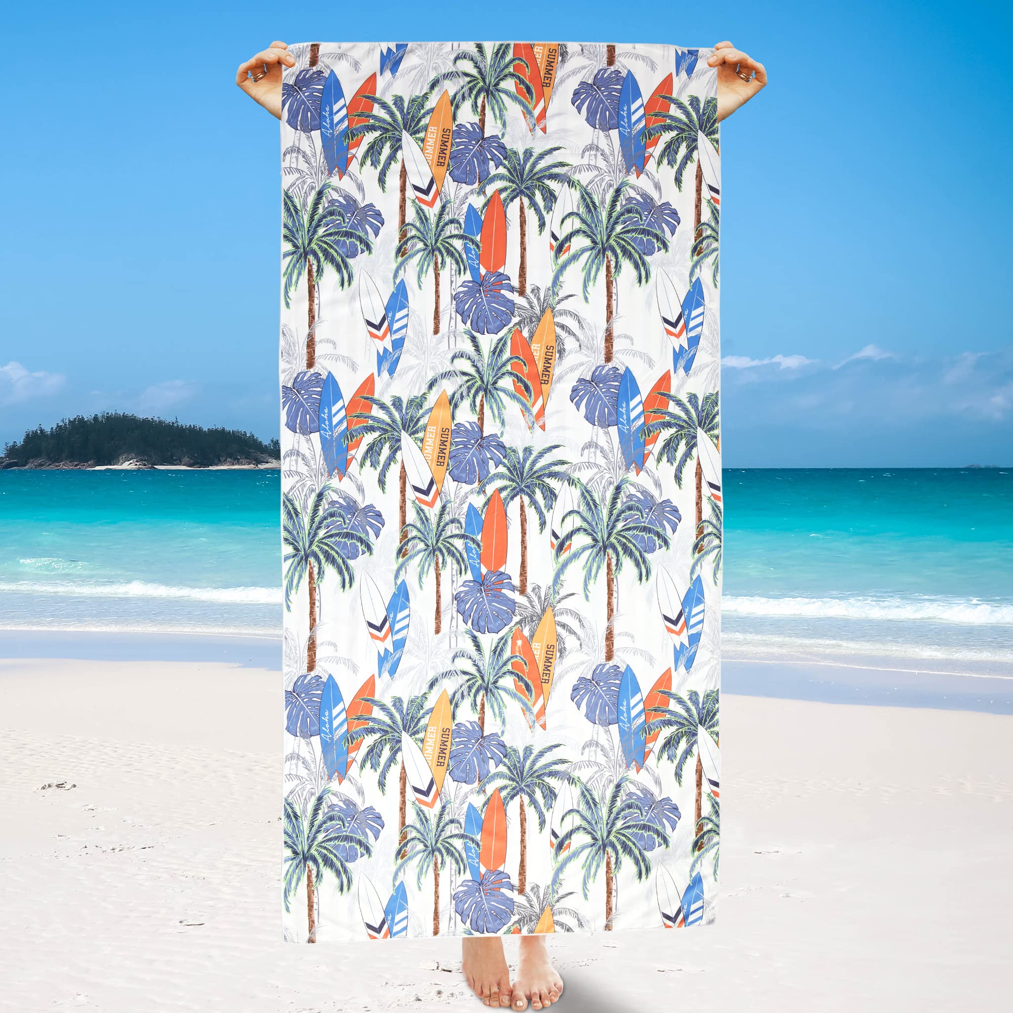 Premium Oversized Microfiber Beach Towel - 35x72 Inch Quick Dry, Super Absorbent & Sand Free - Palm Leaf Surfboard Design for Beach, Pool, Camping, Travel & Hiking - Perfect for Sunbathing, Picnics & Outdoor Adventures