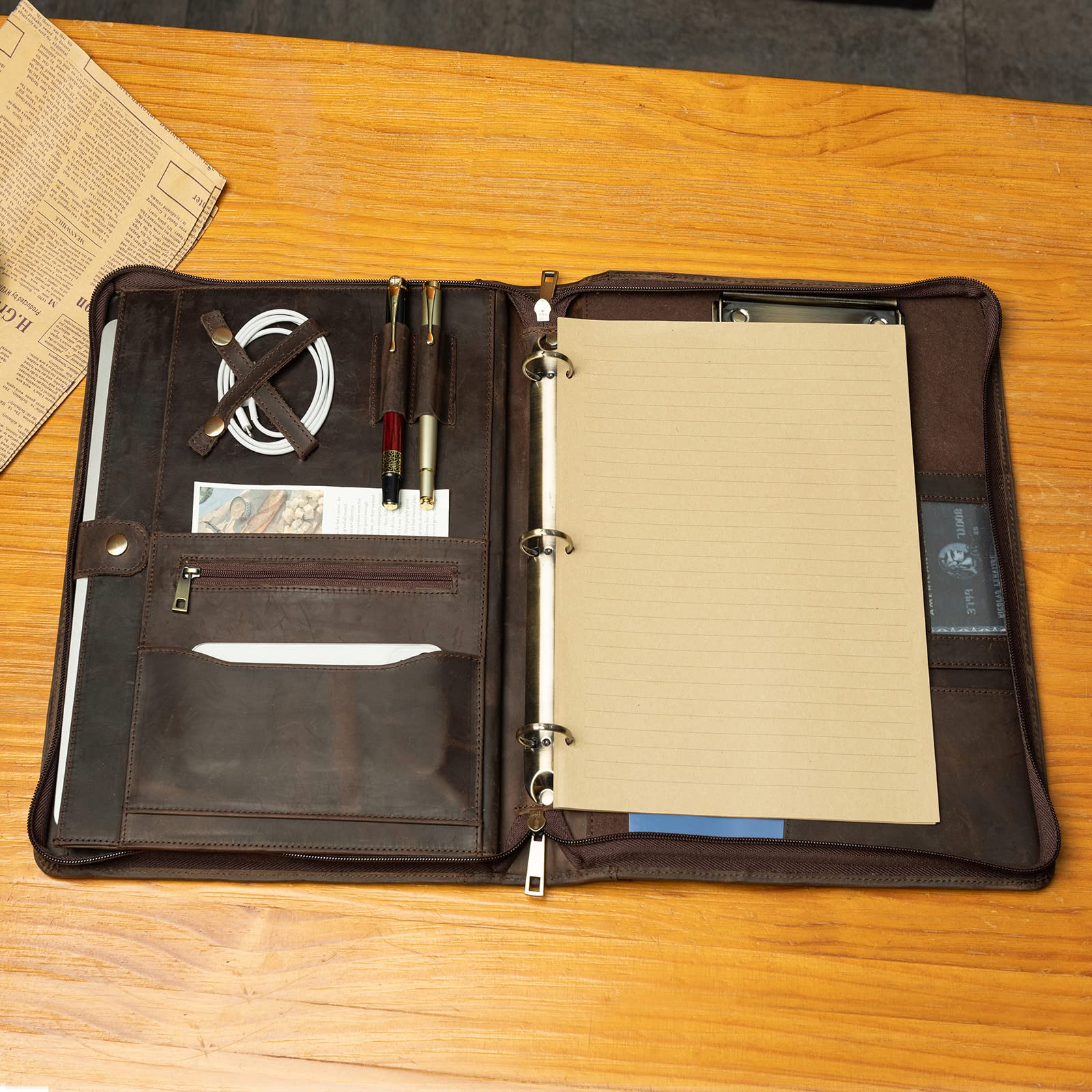 YIWEN Handmade Genuine Leather Portfolio - Zippered Padfolio with 3 Ring Binder, Professional Business Organizer & Resume Folder, Tablet Notebook Organizer (Dark Khaki, Custom Engraved) - Perfect for Office, Meetings & Corporate Gifts