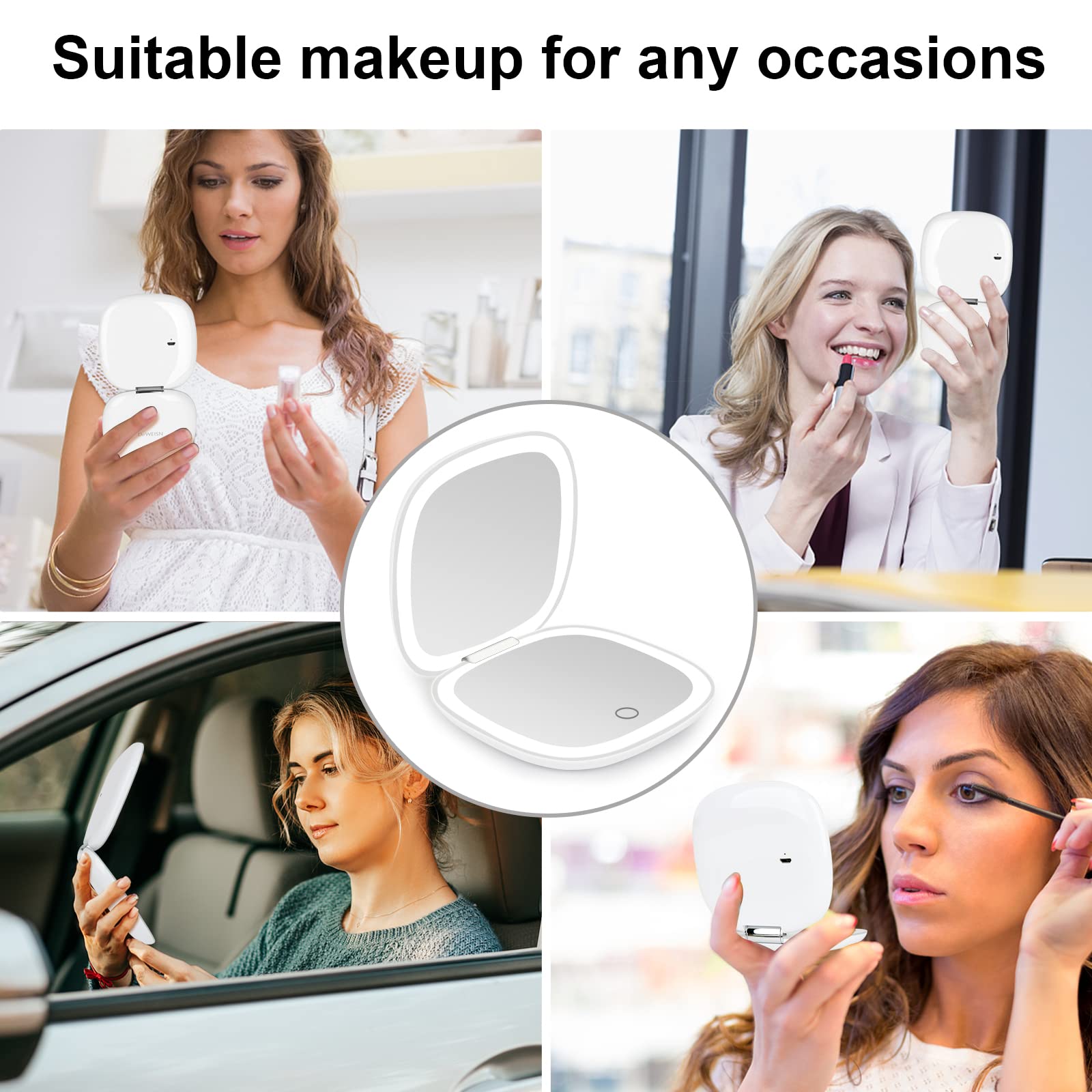 Deweisn Lighted Travel Makeup Mirror - 1X/10X Magnifying, USB Charging - Perfect for Handbag & Travel
