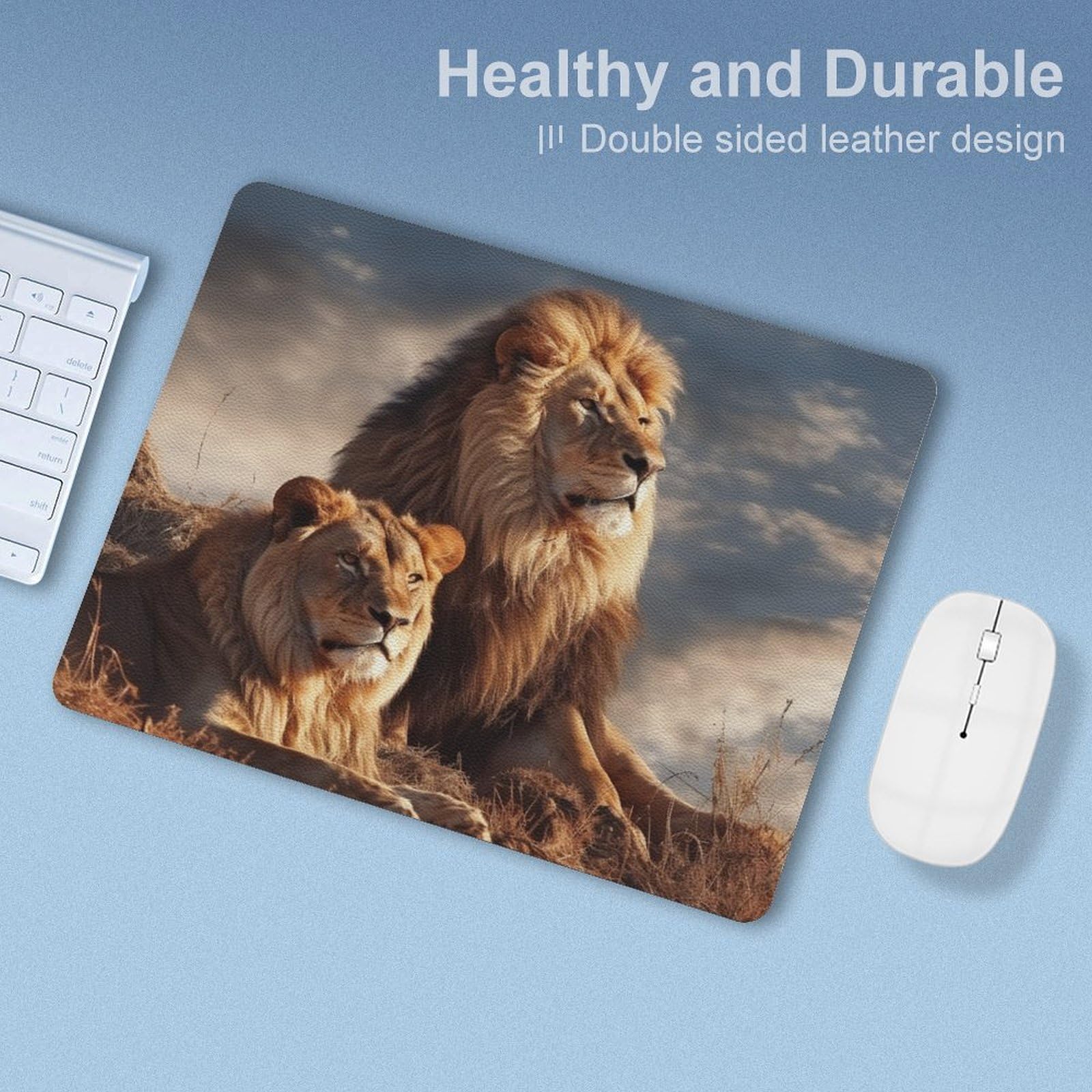 Personalized Two Lions Leather Mouse Pad - Anti-Slip Gaming & Office Desk Mat for Computers, Laptops - Perfect for Home, Work & Gaming Setups