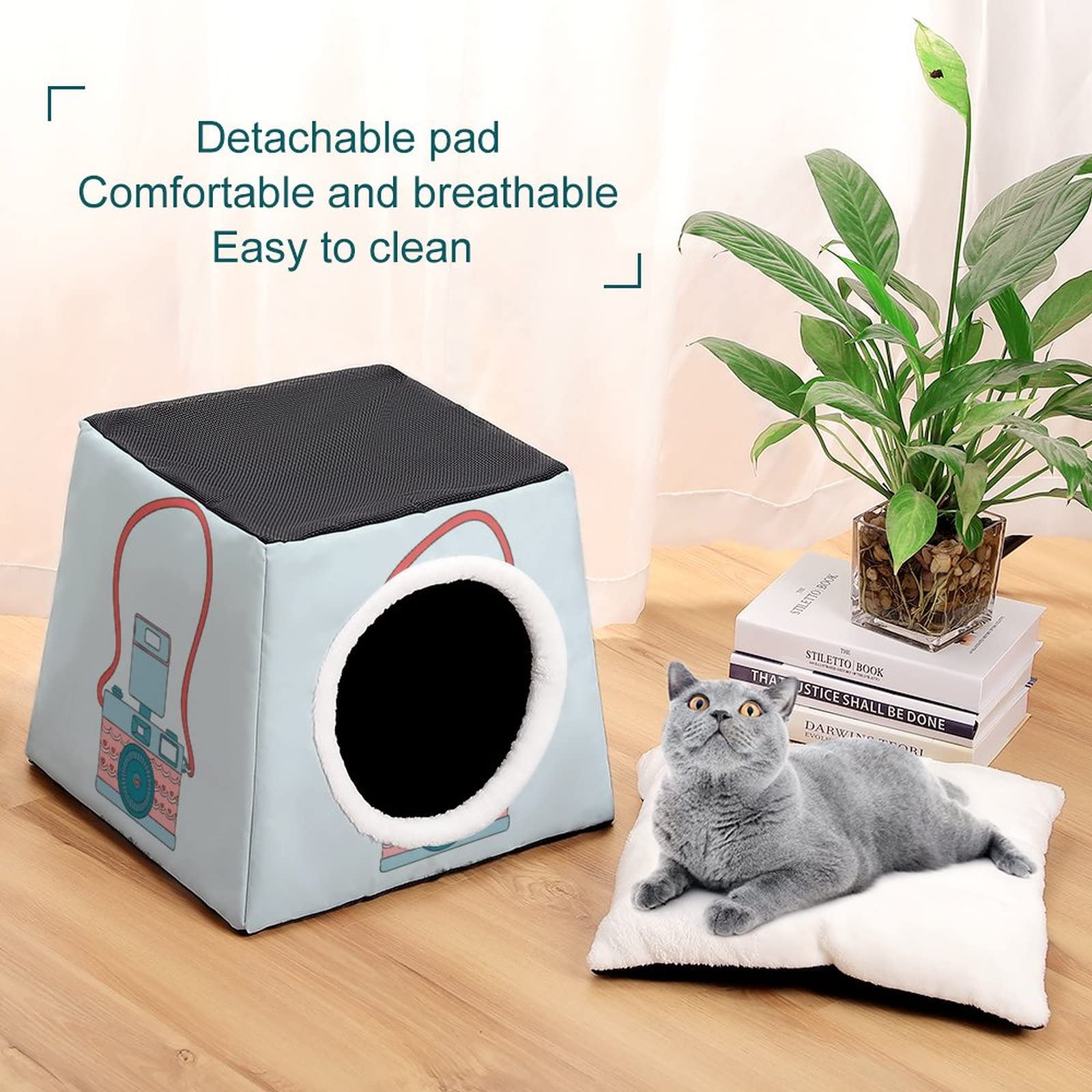 Printed Cat Houses & Condos - Foldable Cat Cube Bed with Removable Pillow - Cute Camera Cartoon Design for Indoor Cats - Perfect for Living Room, Bedroom or Office Pet Furniture