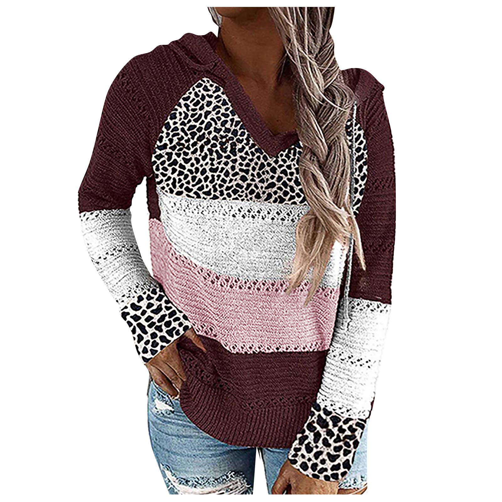 Women's Waffle Knit Sweatshirt - Thin V-Neck Patchwork Long Sleeve Pullover | Casual Comfy Tunic Sweater Top for Everyday Wear & Layering