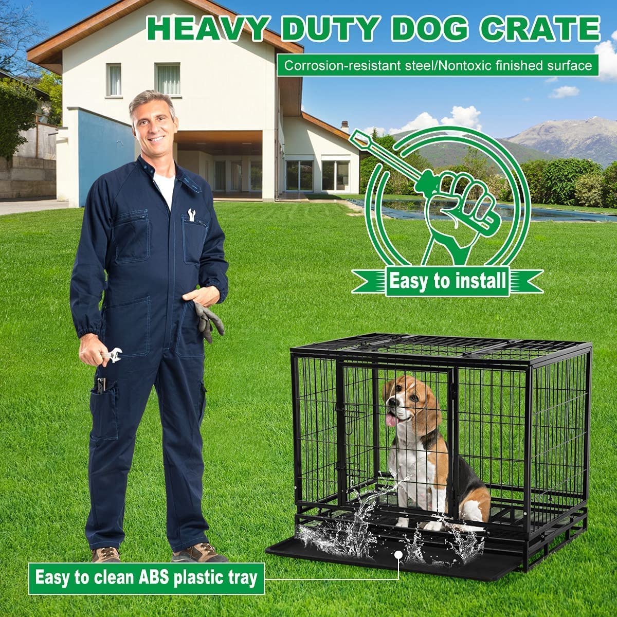36 Inch Heavy Duty Dog Crate - Black Waterproof Steel Kennel with Wheels & Double Doors | Non-Toxic, Lockable, Easy to Clean | Indoor & Outdoor Use for Large Dogs, Travel & Home Security