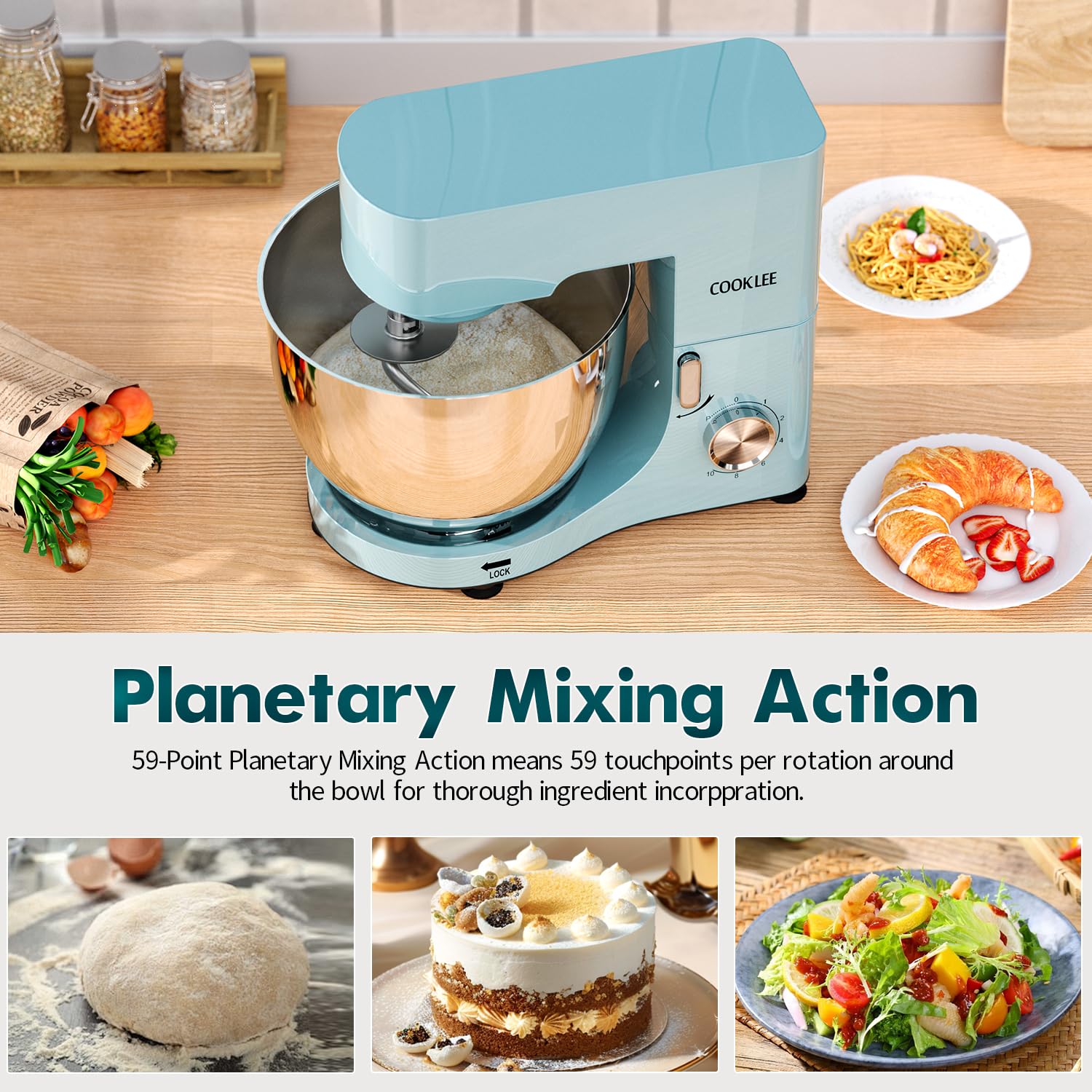 COOKLEE 9.5 Qt 660W Stand Mixer - Powerful Electric Kitchen Mixer with Dishwasher-Safe Attachments (Dough Hook, Flat Beater, Wire Whip & Pouring Shield) - Perfect for Baking Cakes, Cookies, Bread & Dough - Ideal for Home Bakers & Cooking Enthusiasts