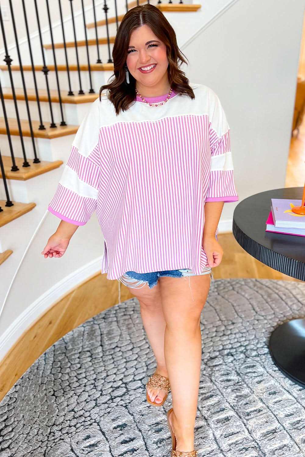 Stylish Plus Size Pink Striped T-Shirt for Women - Trendy Casual Wear for Everyday Outfits & Summer Fashion