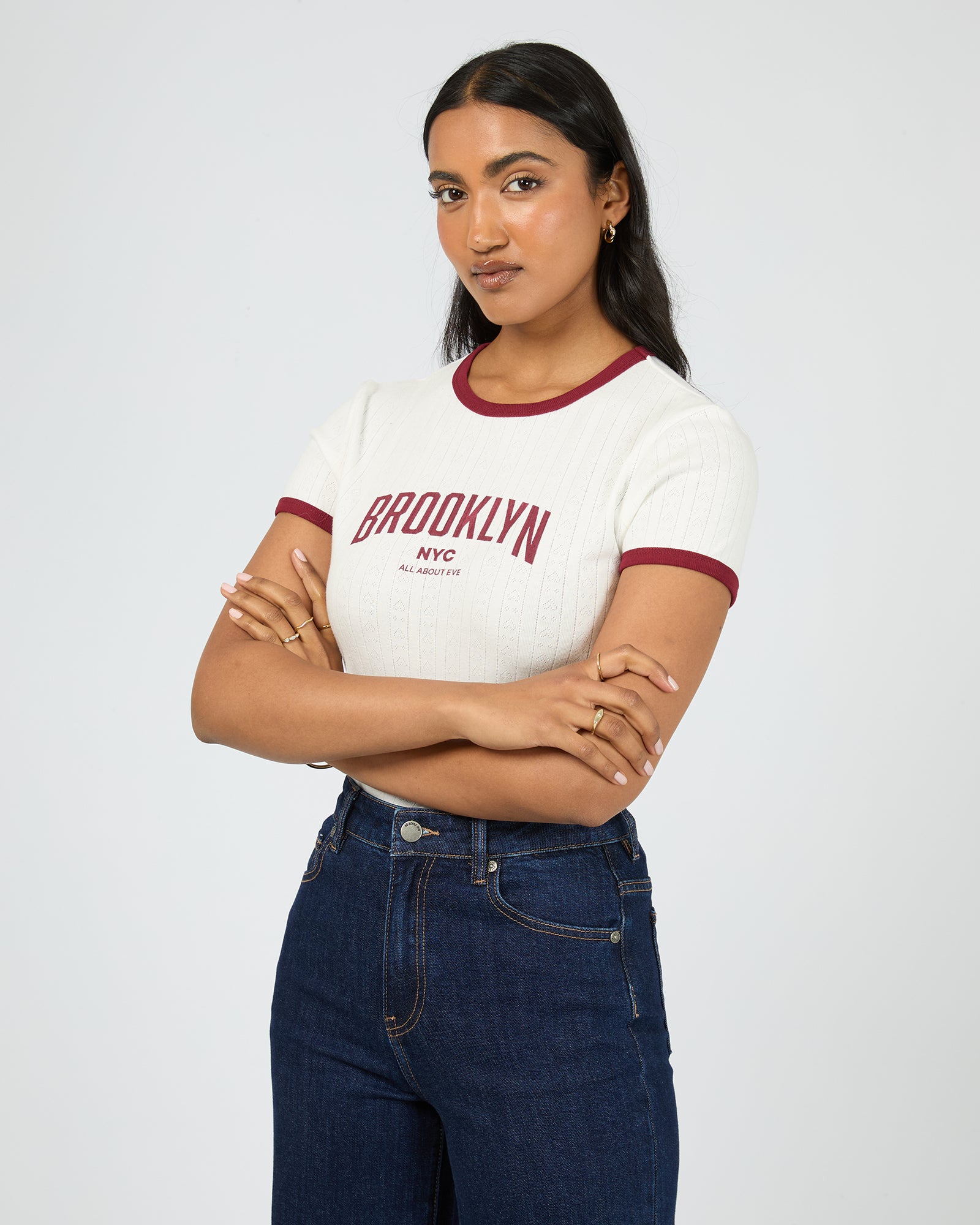 Vintage White Brooklyn Baby Tee - Soft Cotton Short Sleeve T-Shirt for Women | Casual Outfit & Streetwear Style