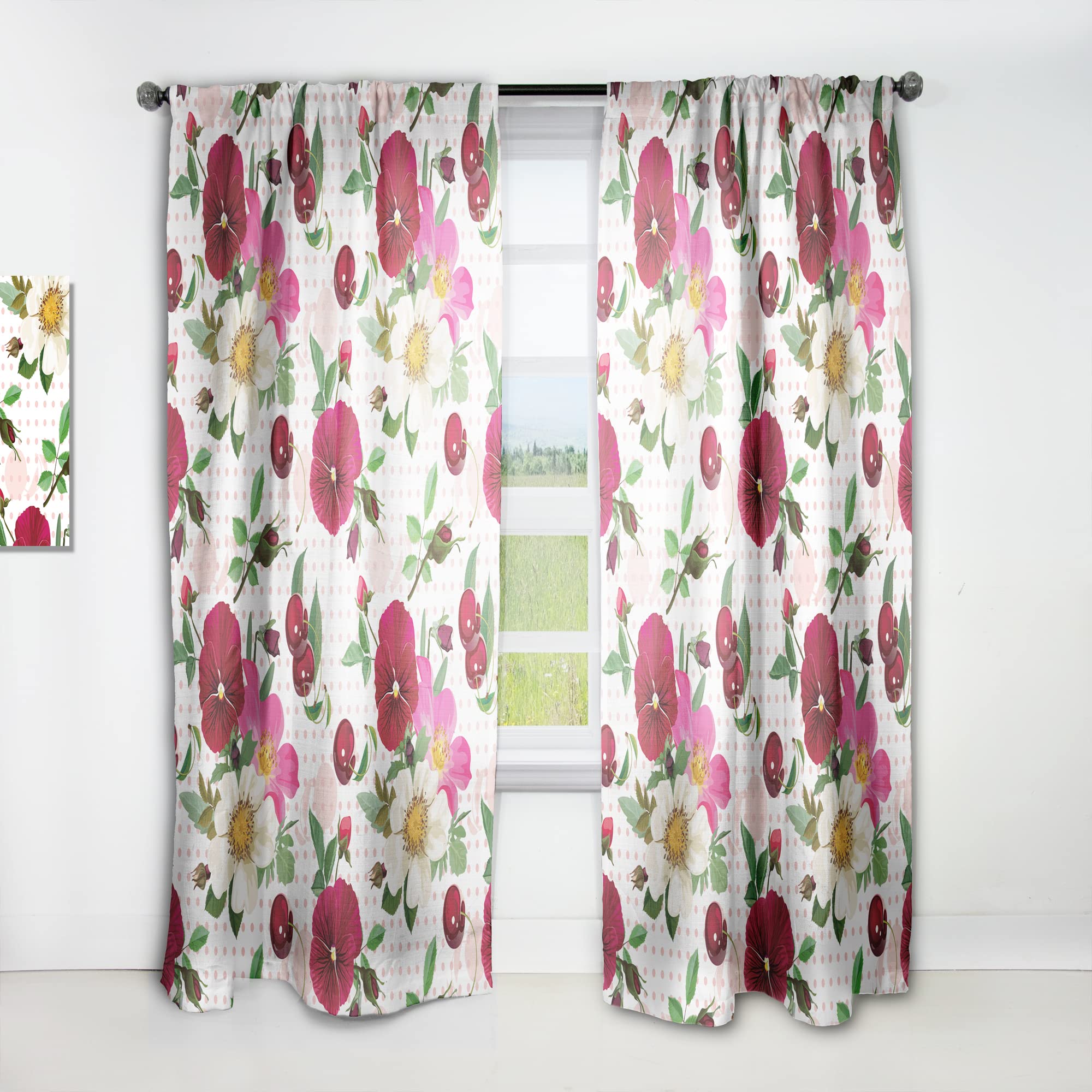 DesignQ Thermal Insulated Curtains - Pink Dotted Floral Pattern with Pansies, Cherries & Roses - 52x120 Inch Single Panel for Bedroom & Living Room - Energy Saving Blackout Drapes for Home Decor