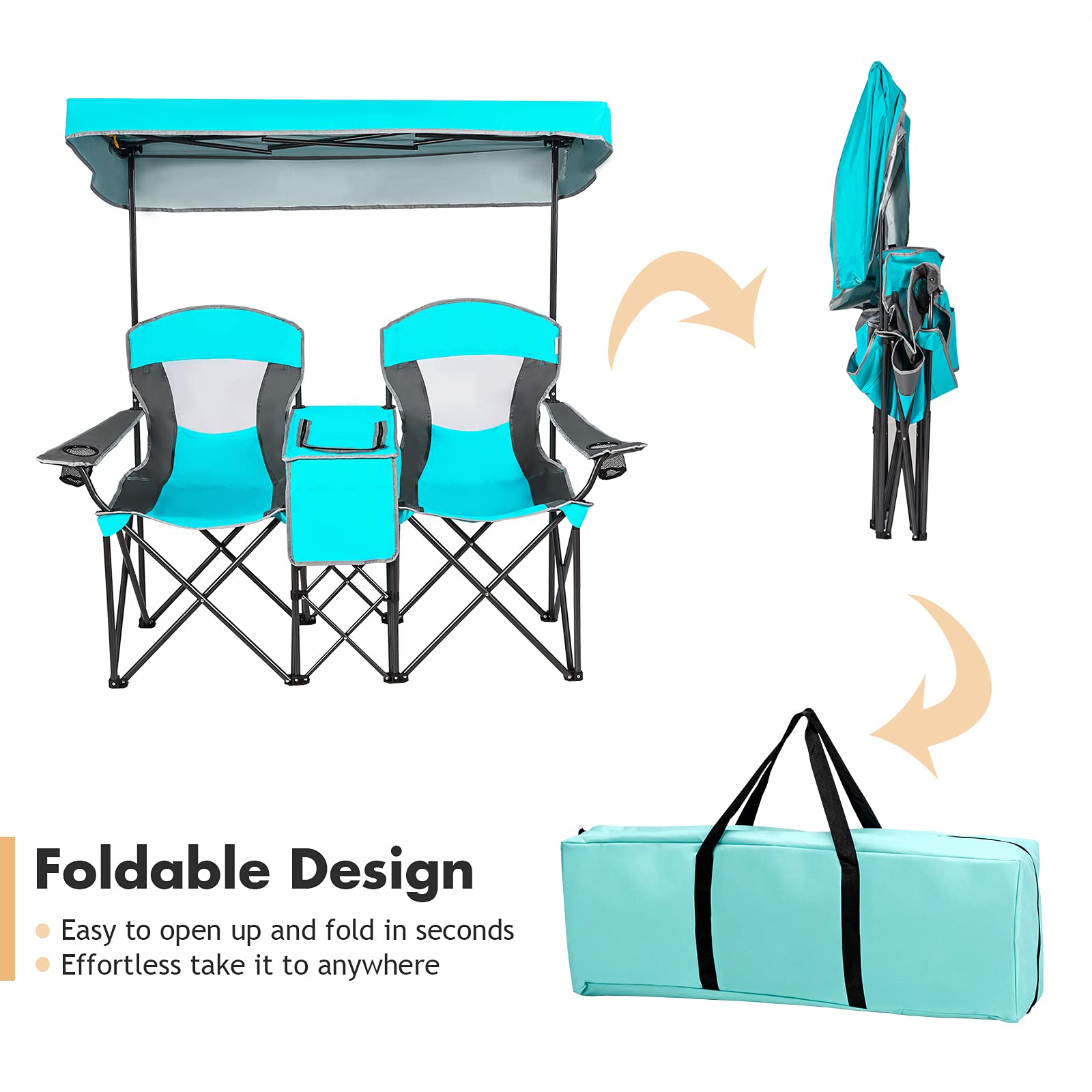 **SAFSTAR Double Camping Chair with Canopy Shade - Portable Folding Loveseat with Mini Table, Cup Holder & Carrying Bag - Outdoor Beach, Lawn, Picnic & Camping Chairs (Turquoise) - Perfect for Couples, Backyard Relaxing & Beach Vacations**