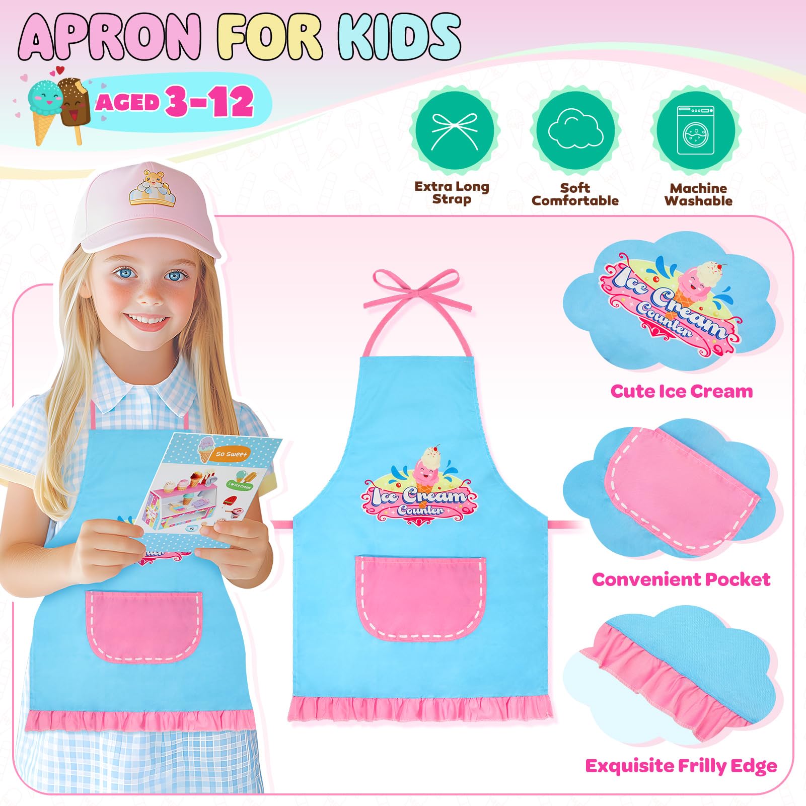 INNOCHEER Wooden Ice Cream Play Set - Pretend Play Kitchen Toys for Toddlers, Ice Cream Shop Playset with Scoop & Toppings - Educational Toys for 3 4 5 6 7 8 Year Old Boys Girls - Perfect for Birthday Gifts & Role Play Learning