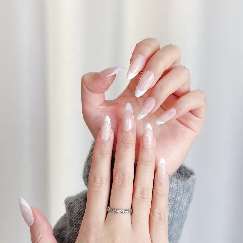 24Pcs Press on Nails Medium Length - Short Almond & Square Fake Nails with Glitter Pink Design | Includes Adhesive Tabs & Nail File | Perfect for Women & Girls | Great for Parties, Weddings, Date Nights & Everyday Wear (Natural 3)
