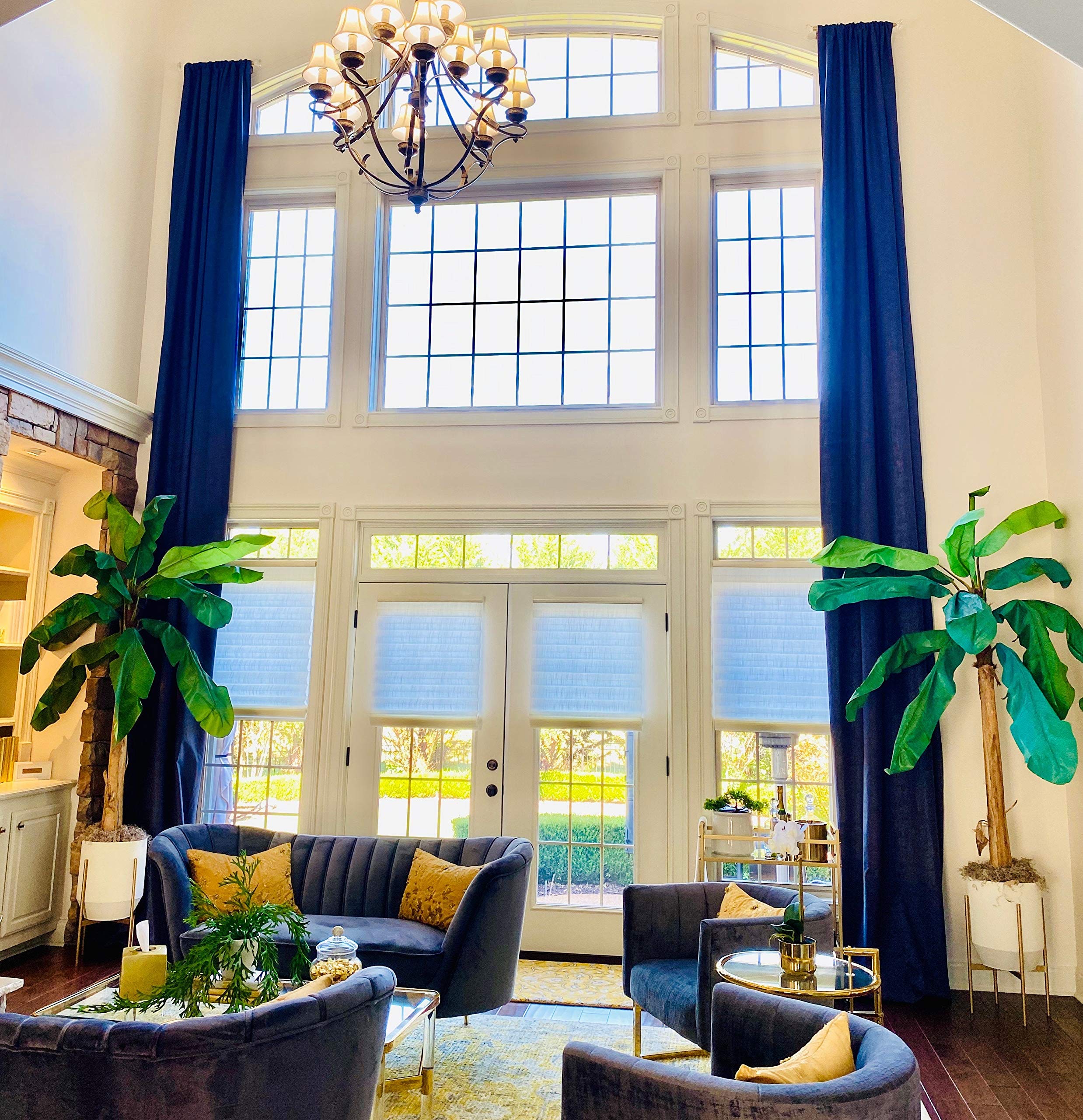 Ikiriska Marble 100% Blackout Polyester Extra Long Curtains - Custom Made 8-24 Feet Length for 2 Story Great Room - Lightweight Navy Curtains (100