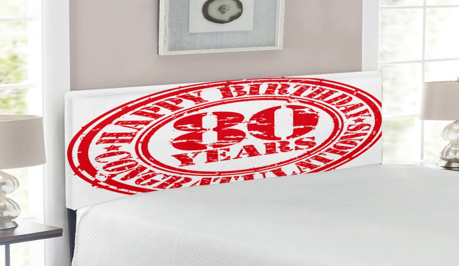 Ambesonne 80th Birthday Headboard - Retro Grunge Stamp Print Upholstered Metal Bed Headboard with Memory Foam, Queen Size in Red & White - Perfect for 80th Birthday Decorations & Vintage Bedroom Themes