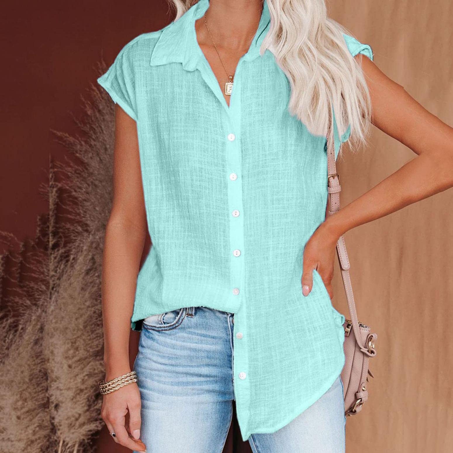 Women's Short Sleeve Button Down Shirt - Summer Casual Cotton Linen Blouse with Lapel, Solid Color Loose Fit T-Shirt Top | Perfect for Office, Beach Vacation & Everyday Wear