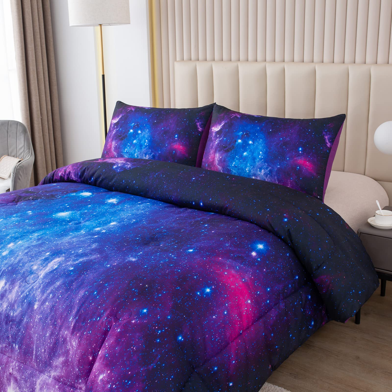 Galaxy Bedding Set Full Size - Purple Space Themed Comforter with 2 Pillowcases for Girls | Perfect for Teen Bedrooms, Sleepovers & Astronomy Lovers