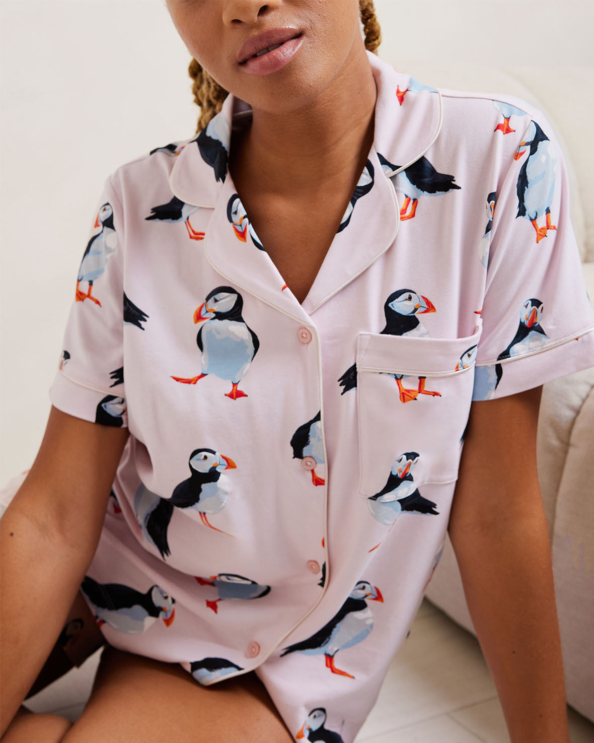 Organic Cotton Puffin Print Short Pajama Set for Women - Soft & Breathable Sleepwear for Summer Nights - Perfect for Lounging, Travel & Cozy Bedtime
