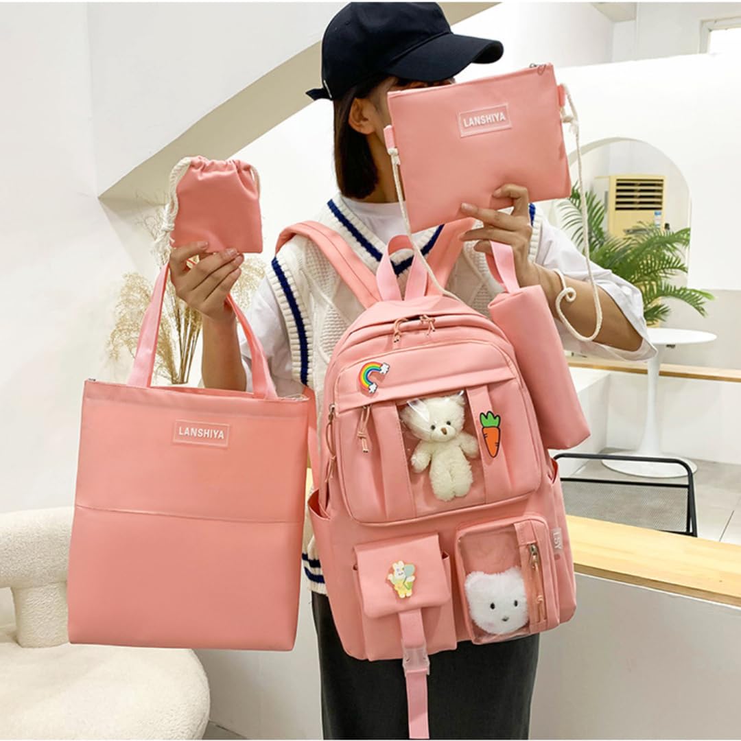 4Pcs Kawaii Cute Backpack Set for School - Aesthetic Pink Backpack with Accessories | Kawaii School Supplies for Girls, Teens & College Students | Perfect for Class, Travel & Daily Use