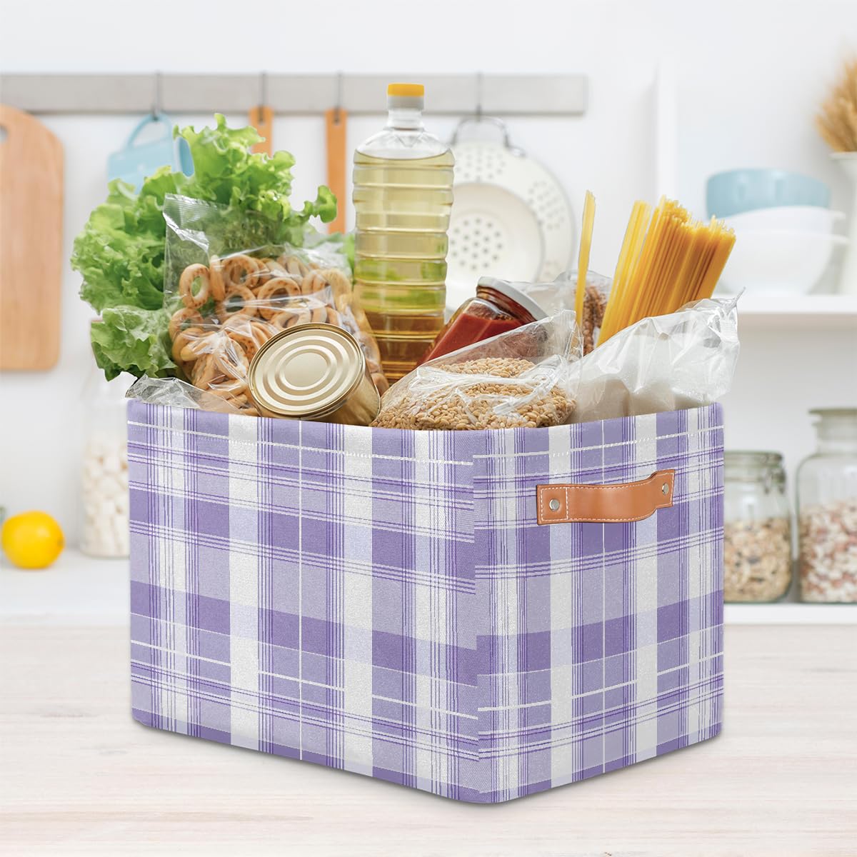 Purple Lavender & White Plaid Foldable Storage Baskets with Handles - 2 Pack Decorative Organizer Bins for Shelves, Home & Office Organization | Perfect for Bedroom Closet, Bathroom & Laundry Room Storage