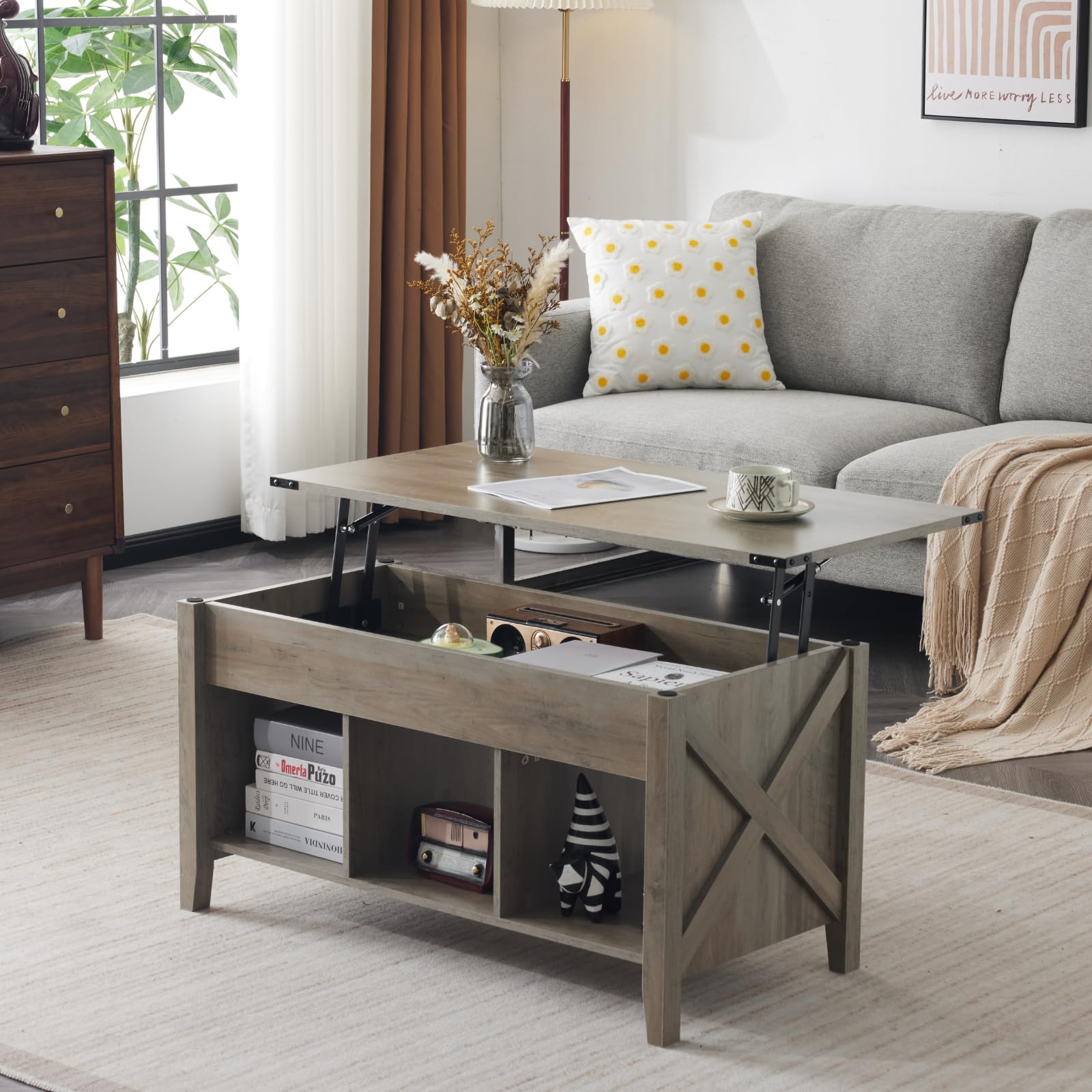 VINGLI Farmhouse Lift Top Coffee Table with Storage Shelf - Rustic Grey Lift-Up Coffee Table with Hidden Compartment, Modern Center Table for Living Room | Perfect for Small Spaces, Home Office & TV Lounge Decor