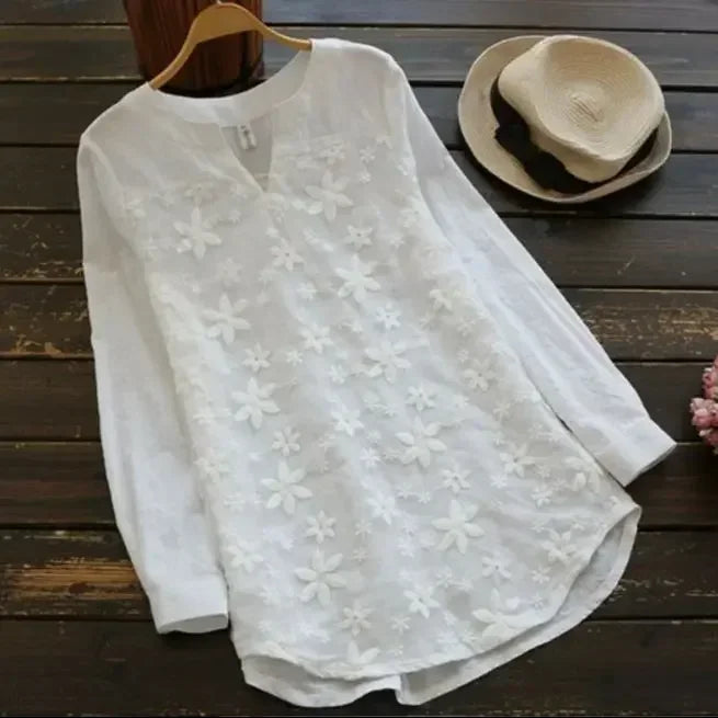2024 Women's Lace Long Sleeve Blouse - V Neck Embroidery Loose Tops, Plus Size S-5XL, Elegant Summer & Autumn Shirt for Work, Dating & Special Occasions