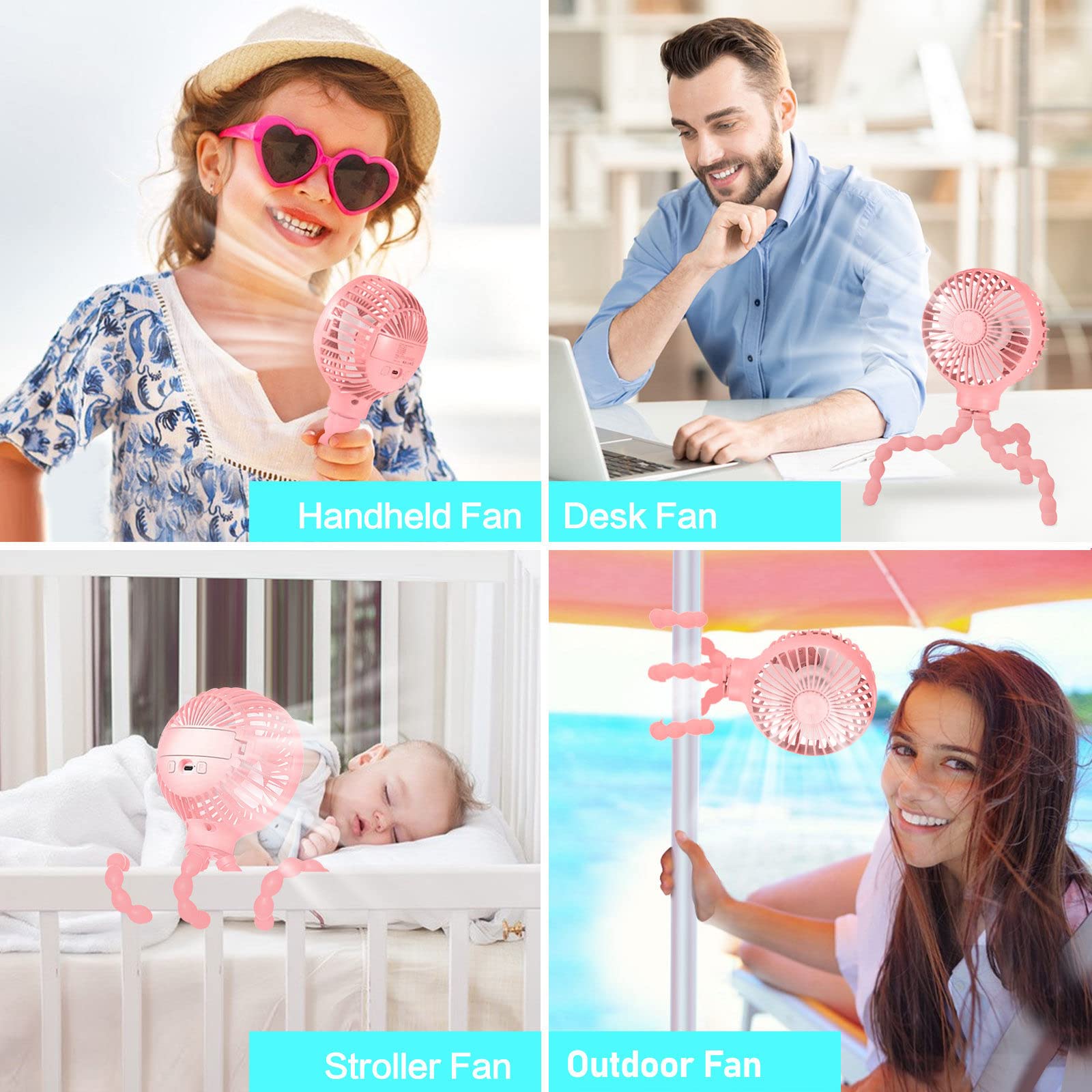 Upgraded Stroller Fan - Mini USB Rechargeable Battery Operated Desk Fan with Flexible Tripod & 3 Speed Settings | Portable Clip On Fan for Baby Car Seat, Crib, Treadmill, Office & Home Use (Pink)