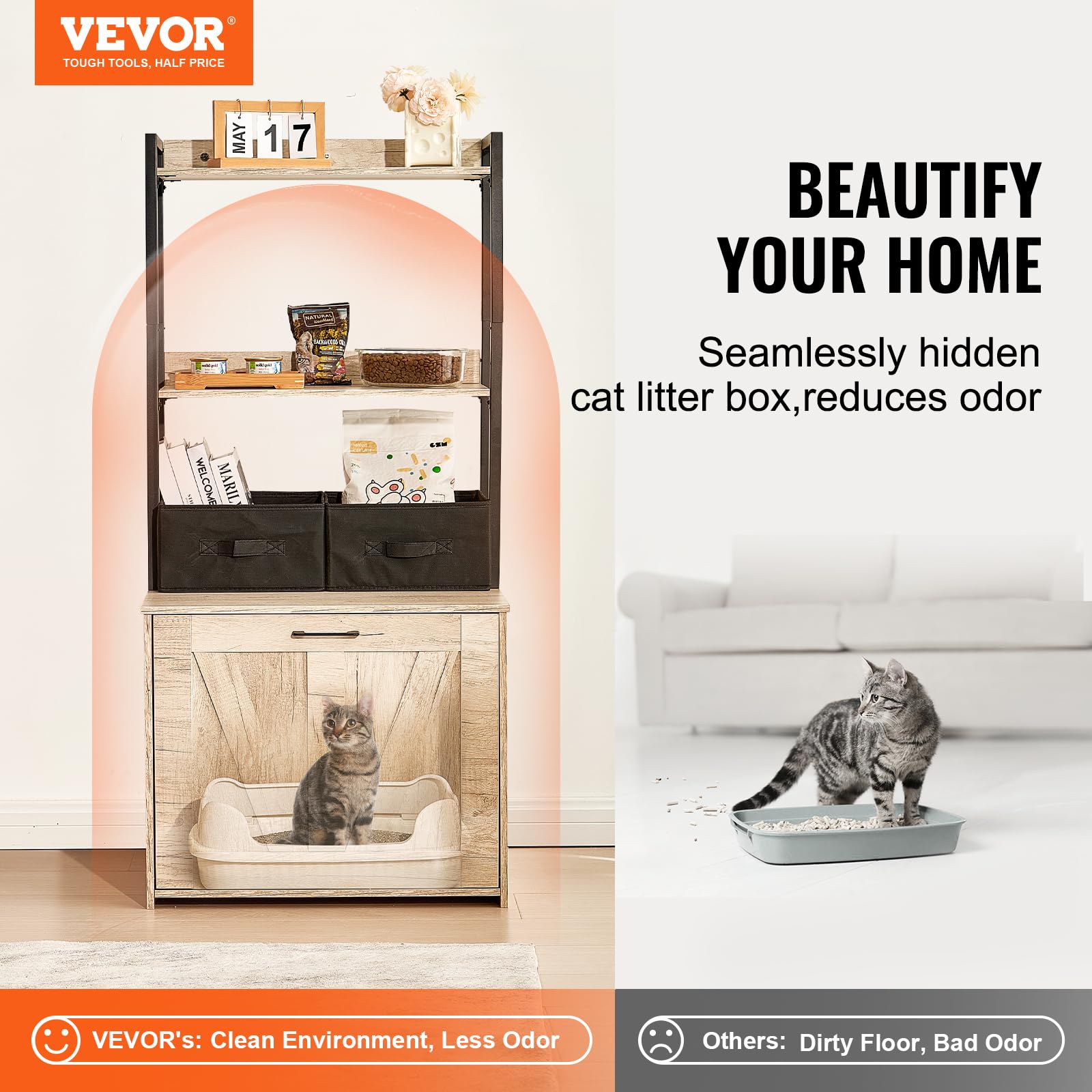 VEVOR Wooden Cat Litter Box Enclosure Furniture with 2 Storage Shelves & Baskets - Hidden Indoor Cat Washroom Cabinet for Large Litter Boxes, 23.6