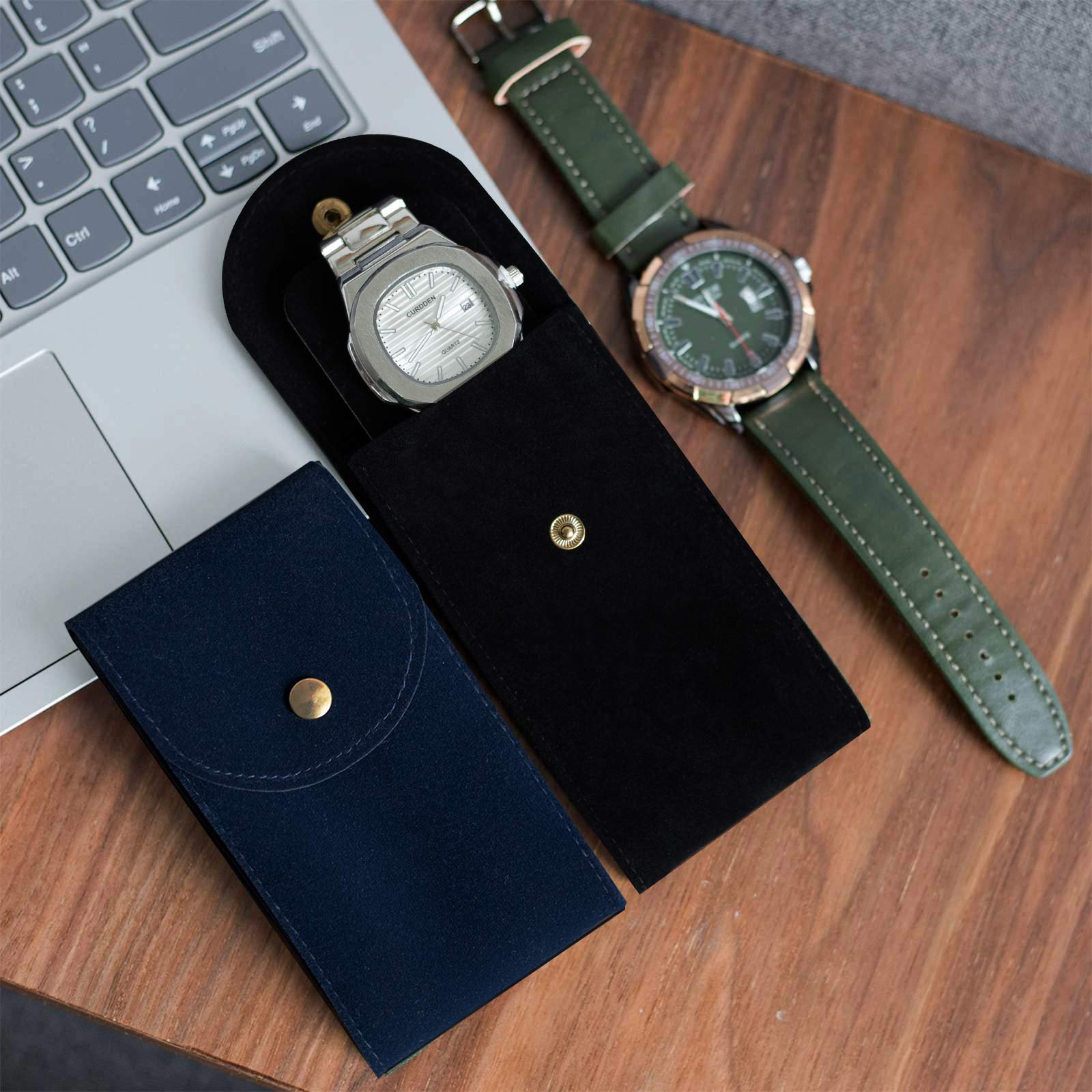 4 PCS Velvet Watch Travel Case - Portable Watch Storage Pouch & Organizer for Men & Women (2 Black + 2 Blue) - Perfect for Travel, Home Storage & Gift Giving