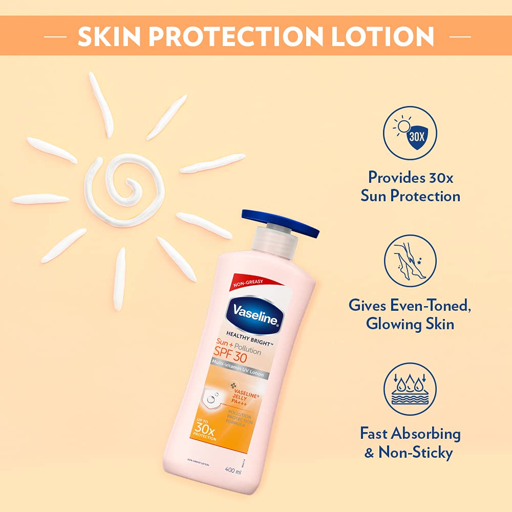 Vaseline Healthy Bright SPF 30 Sun Protection Body Lotion 400ml - Daily Moisturizer for Dry Skin, Non-Greasy Formula for Glowing Skin - Men & Women (2 Pack) | Perfect for Beach, Pool & Outdoor Activities
