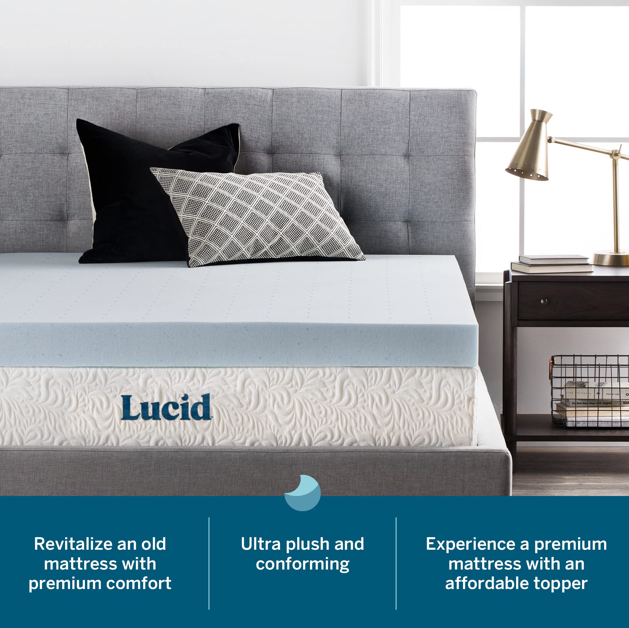 LUCID 4 Inch Gel Memory Foam Mattress Topper - Ventilated Cooling Design, Ultra Plush Comfort, CertiPUR-US Certified, Full Size, Blue - Perfect for Hot Sleepers & Pressure Relief in Bedrooms, Guest Rooms & Dorms