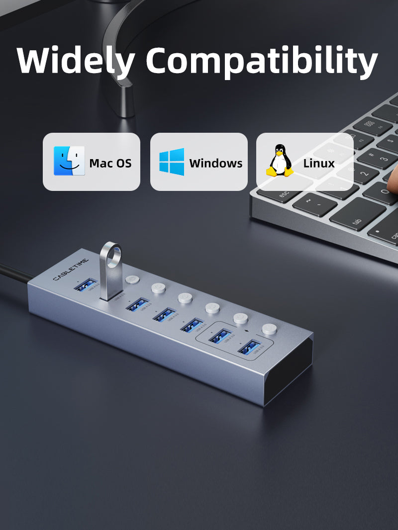 7-Port USB 3.0 Hub with Power Adapter & 5ft Cable - High-Speed Data Transfer for Laptop, PC, Mac - Perfect for Home Office, Gaming & Multiple Device Charging