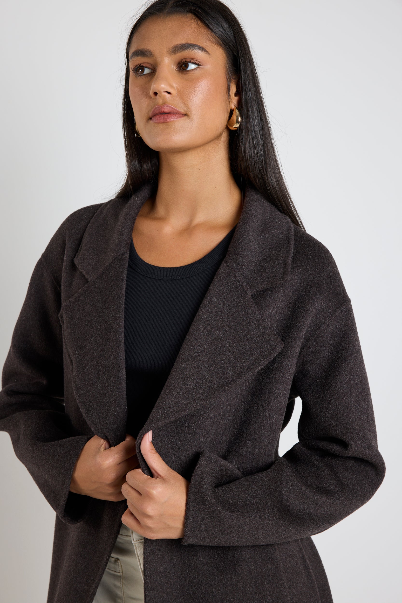 Geneva Chocolate Marble Wool Belted Coat - Women's Winter Trench Coat for Office & Casual Wear