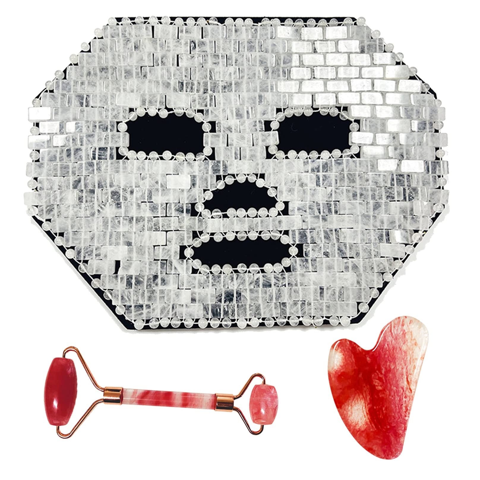 Natural Jade Skincare Set - Clear Quartz & Jade Sleeping Mask, Facial Roller, Gua Sha, Eye Mask for Women | Cold Therapy & Massage Tools for Relaxation & Beauty Routine | Perfect for Home Spa, Self-Care & Anti-Aging Skincare