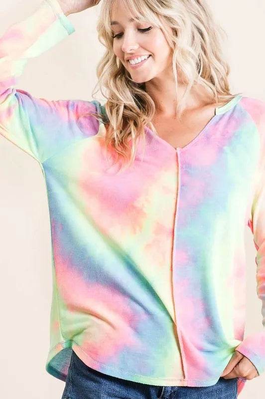 Bibi Tie Dye Terry Top with Contrast Stitching - Soft Pastel Colors | Women's Casual Loungewear for Summer & Beach