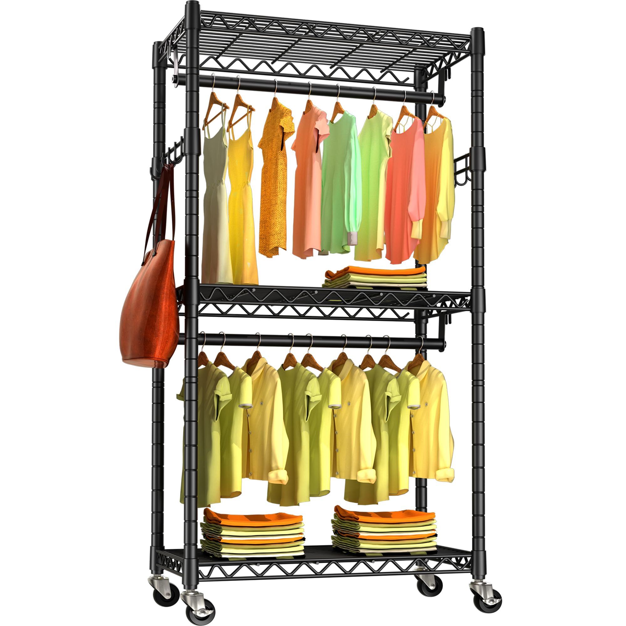GIOTORENT G12 Heavy Duty Rolling Garment Rack - 3-Tier Metal Clothes Rack with Double Rods & Hooks, Freestanding Wardrobe Organizer (450 lbs Capacity, Black) - Perfect for Home Closet Organization, Retail Store Displays & Portable Clothing Storage