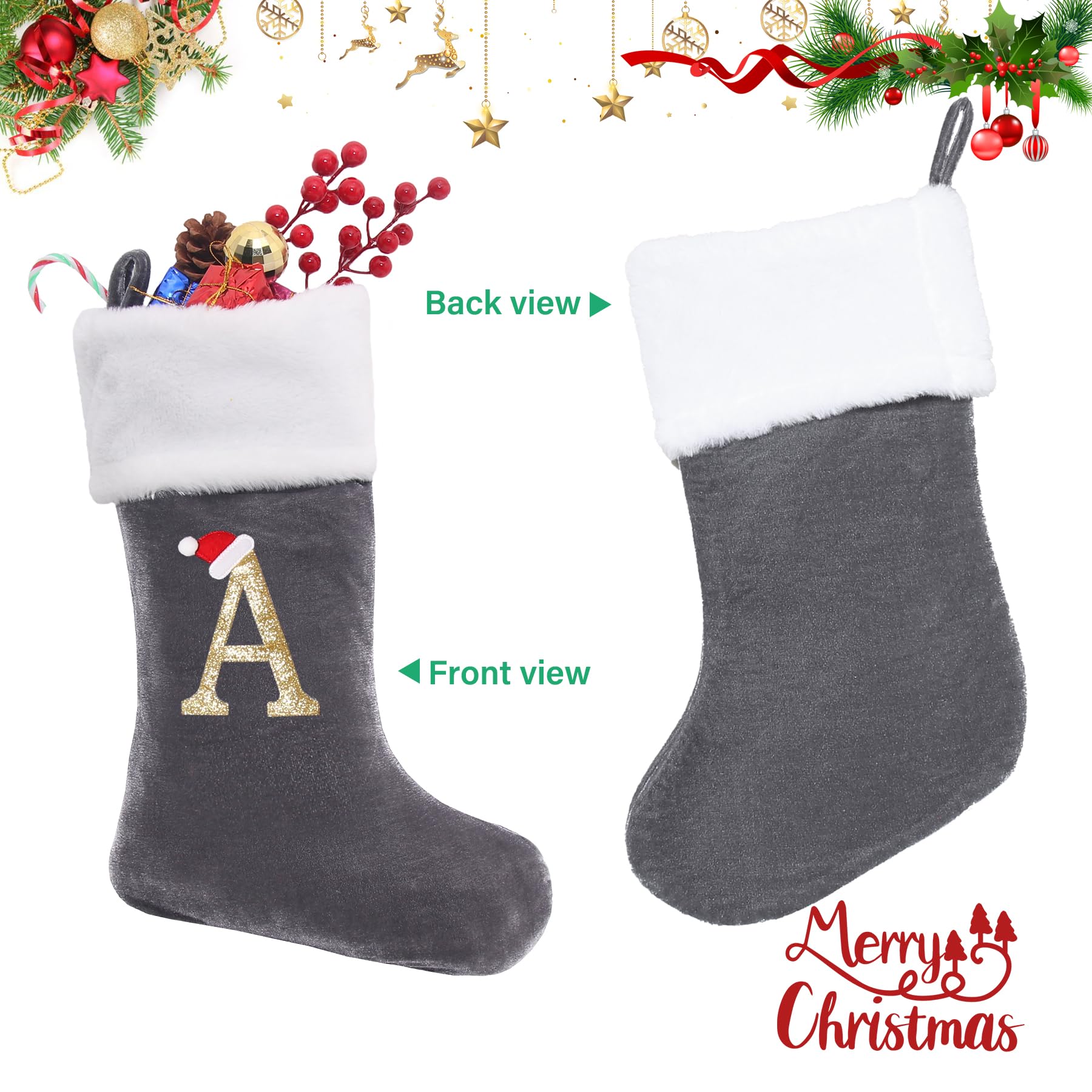 20 Inch Personalized Monogram Christmas Stockings - Large Grey Velvet with White Plush Cuff - Custom Holiday Stockings for Fireplace, Xmas Tree Decor & Festive Gift Giving